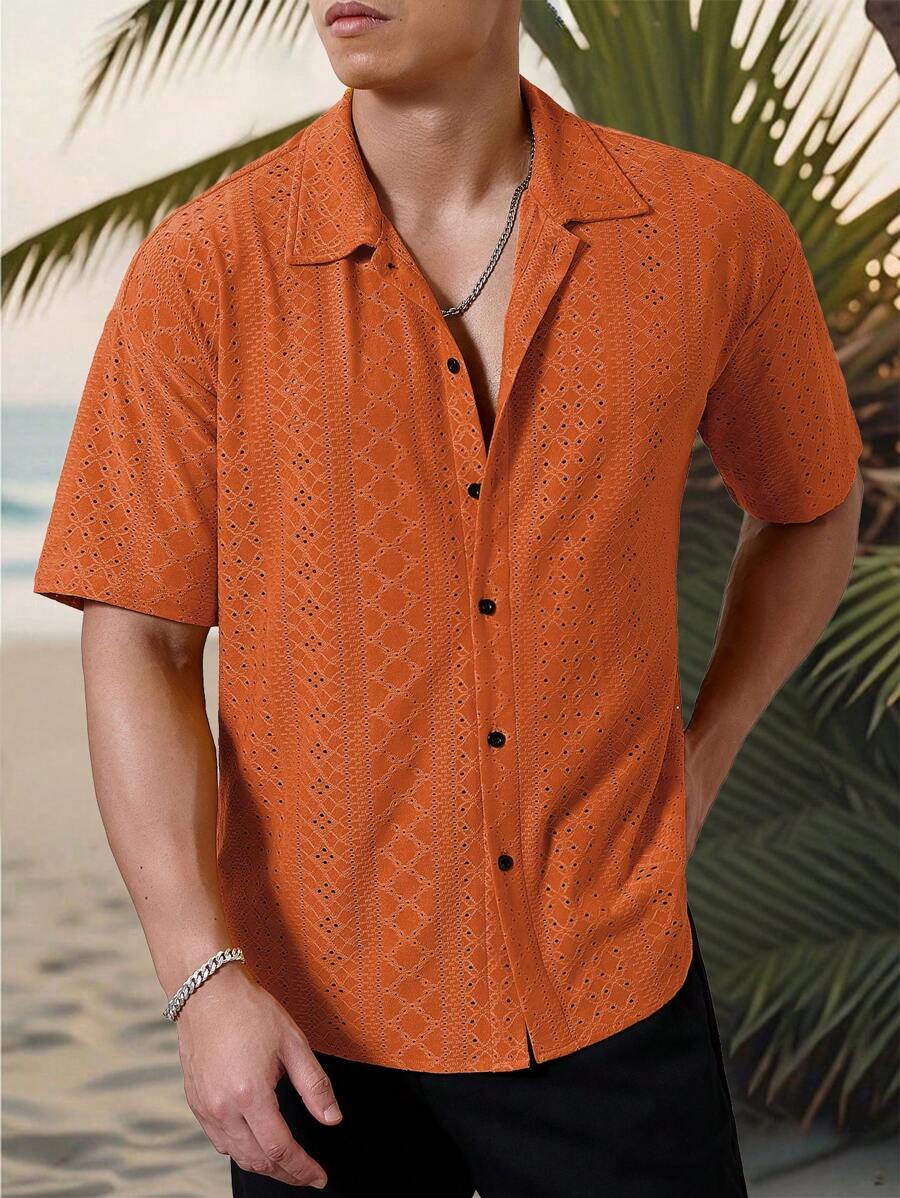 Chemise jacquard texturée au crochet pour homme - Tricot géométrique décontracté
