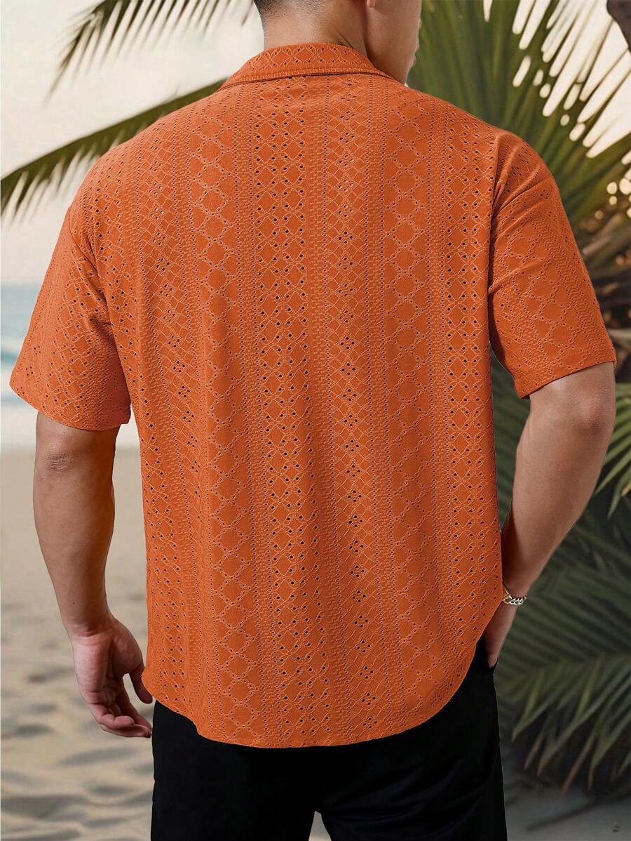 Chemise jacquard texturée au crochet pour homme - Tricot géométrique décontracté