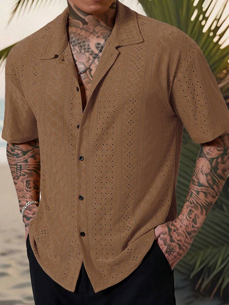 Chemise jacquard texturée au crochet pour homme - Tricot géométrique décontracté