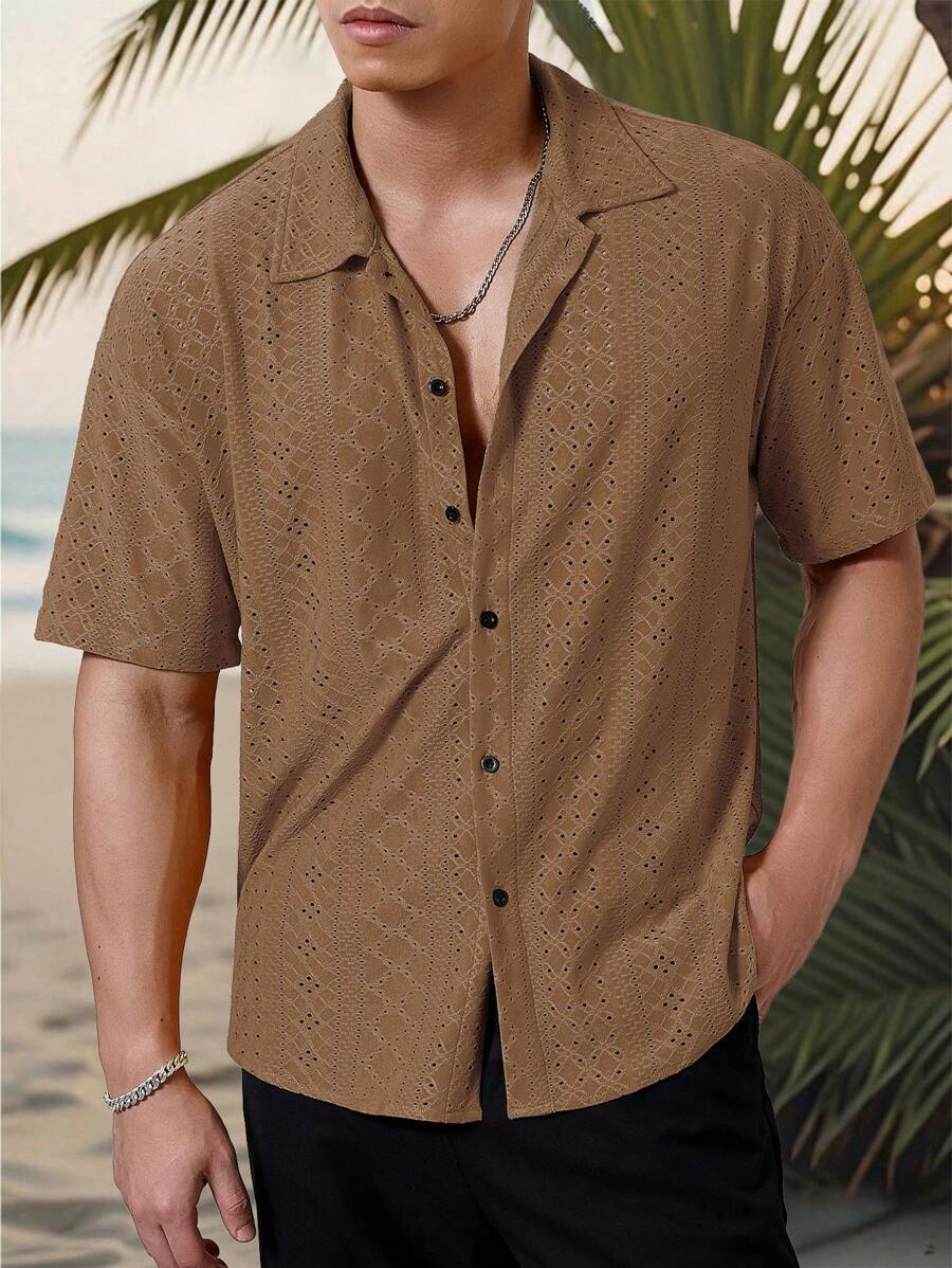 Chemise jacquard texturée au crochet pour homme - Tricot géométrique décontracté