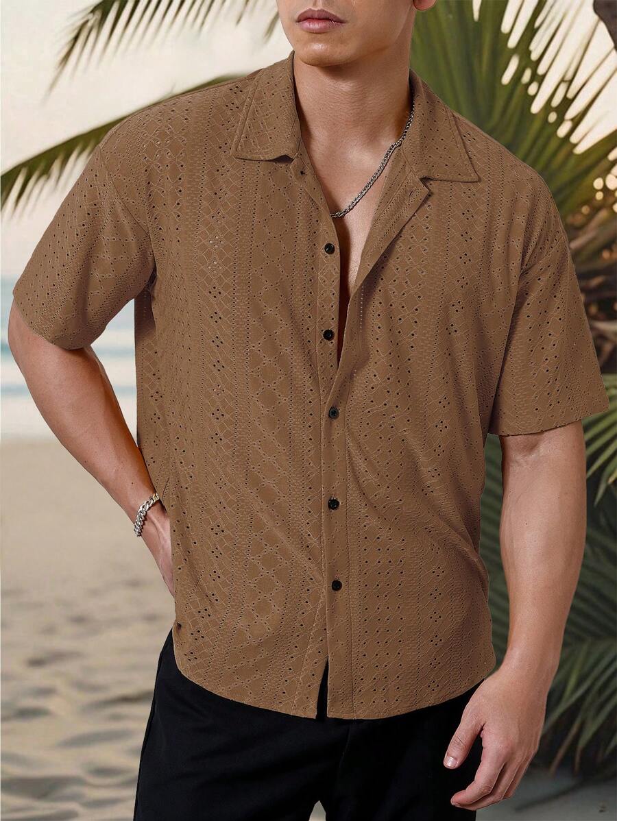 Chemise jacquard texturée au crochet pour homme - Tricot géométrique décontracté