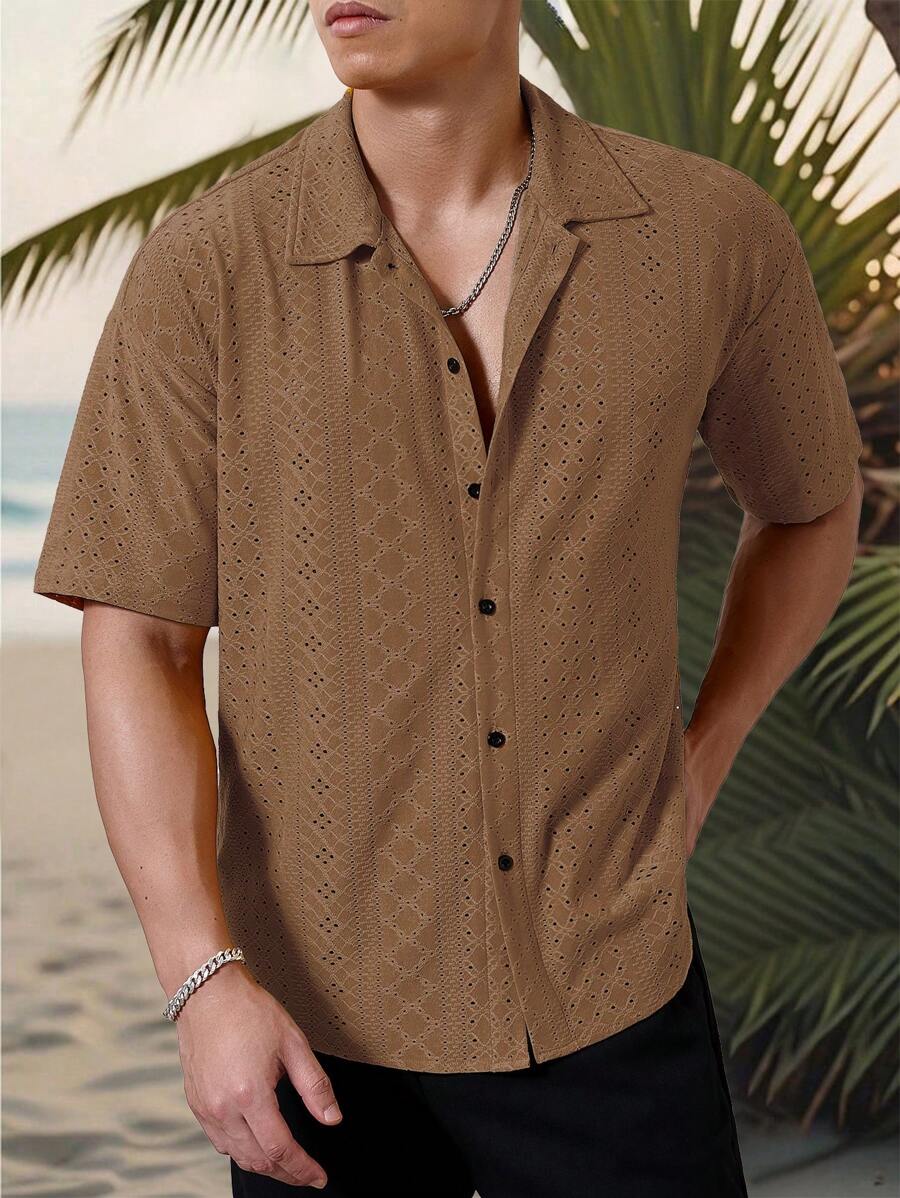 Chemise jacquard texturée au crochet pour homme - Tricot géométrique décontracté