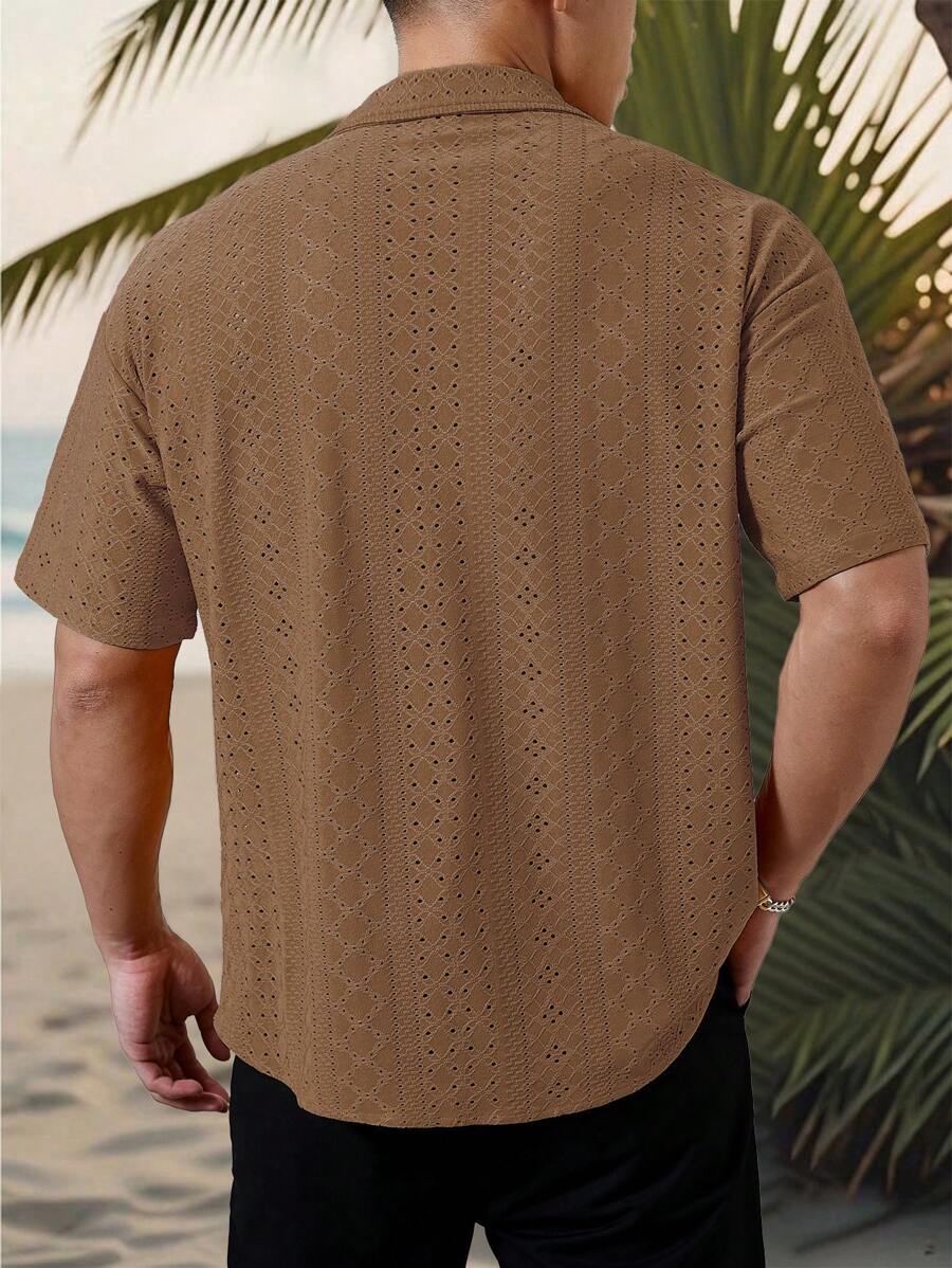 Chemise jacquard texturée au crochet pour homme - Tricot géométrique décontracté