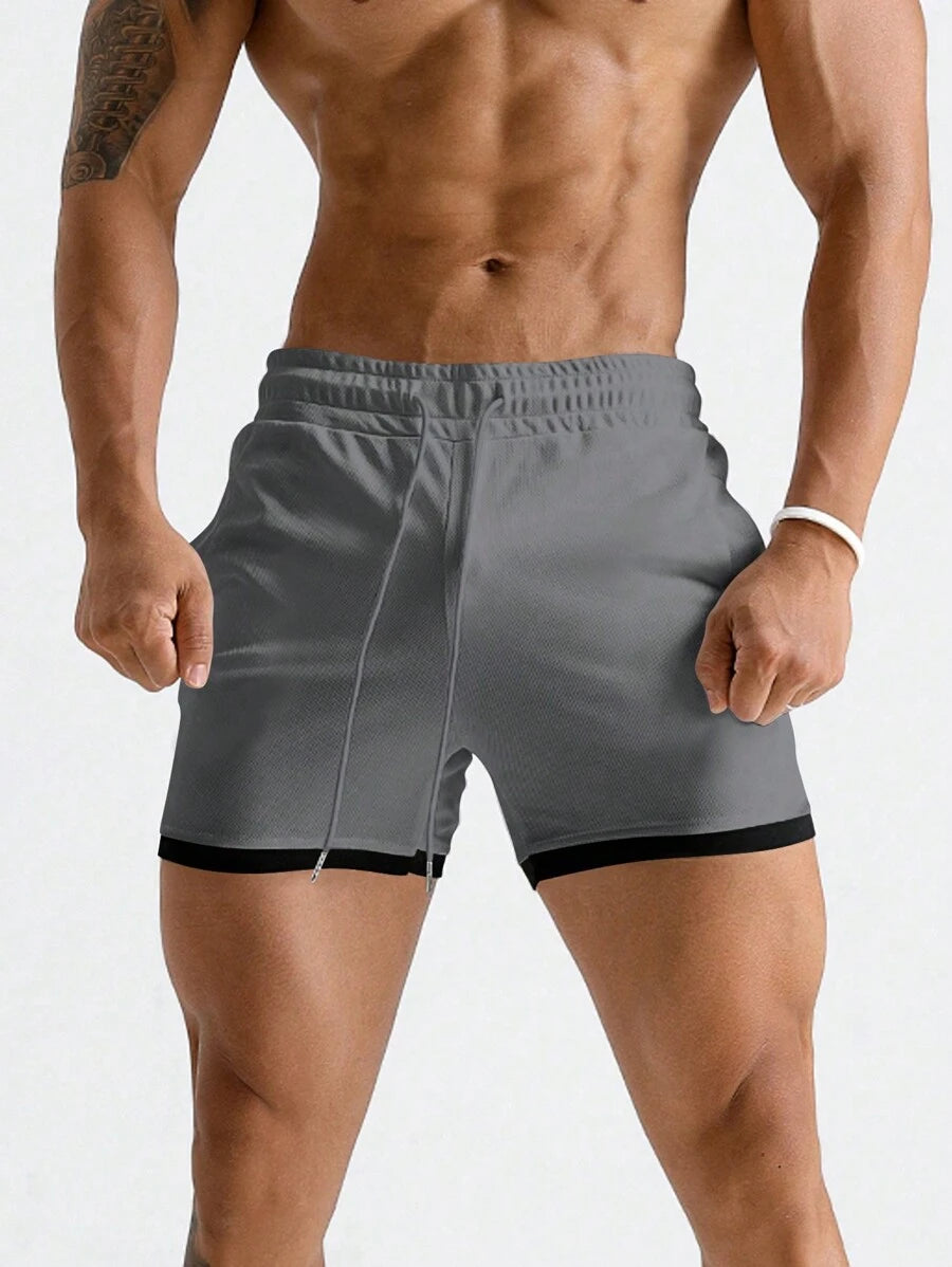 Shorts de sport 2-en-1 avec cordon et détails contrastés tendance pour hommes