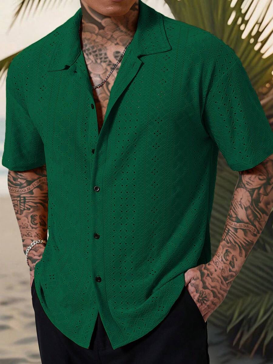 Chemise jacquard texturée au crochet pour homme - Tricot géométrique décontracté