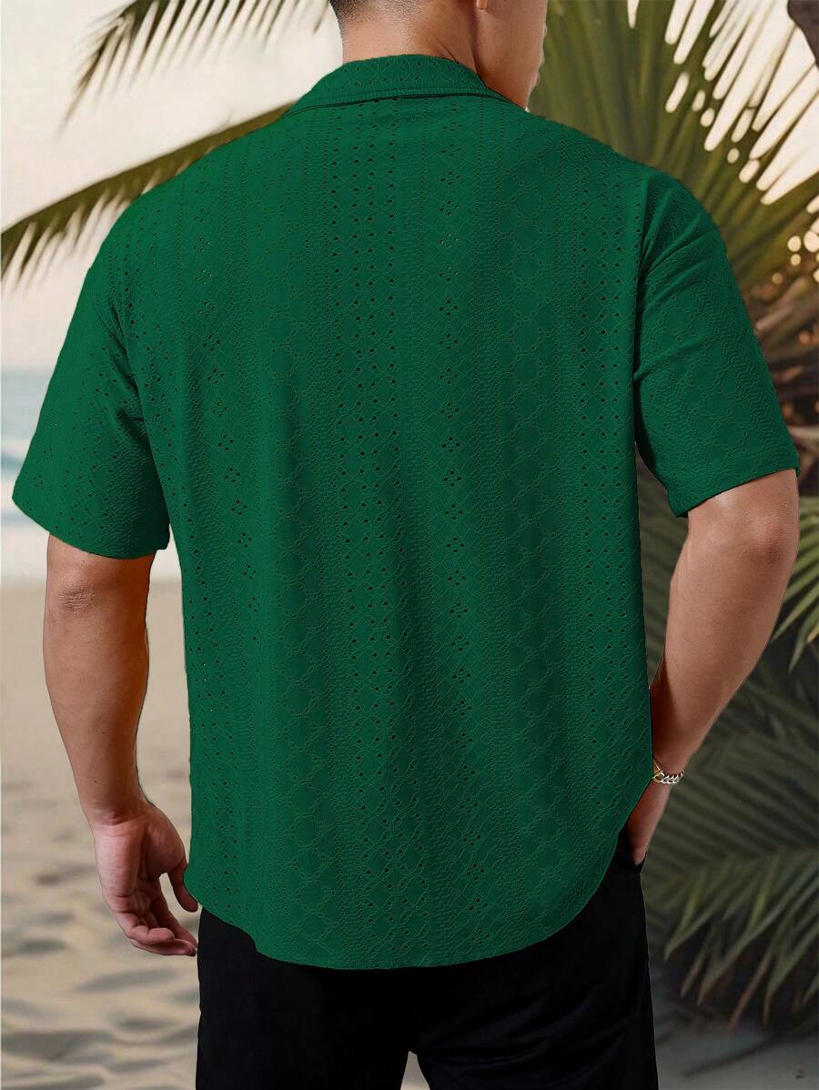 Chemise jacquard texturée au crochet pour homme - Tricot géométrique décontracté