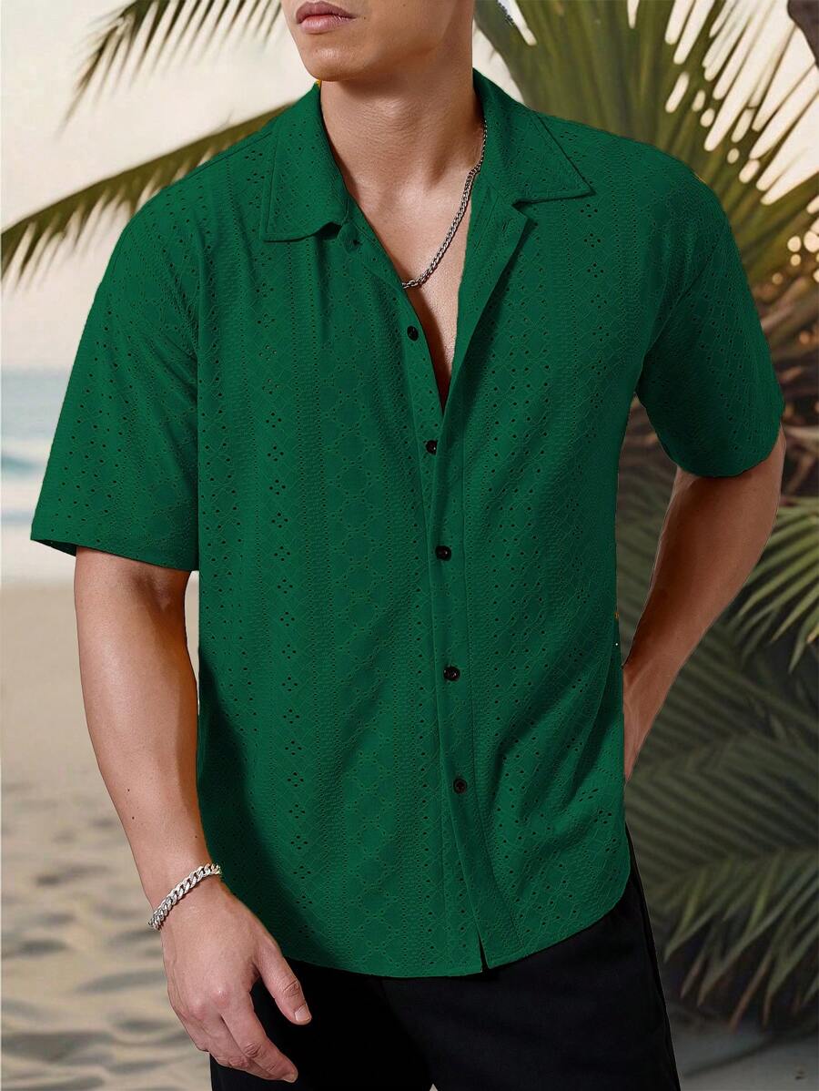 Chemise jacquard texturée au crochet pour homme - Tricot géométrique décontracté