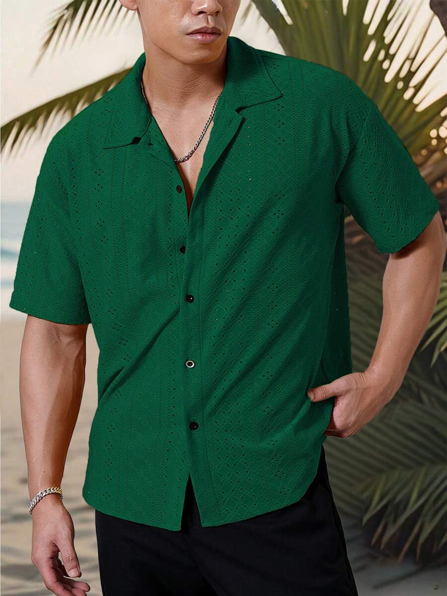 Chemise jacquard texturée au crochet pour homme - Tricot géométrique décontracté