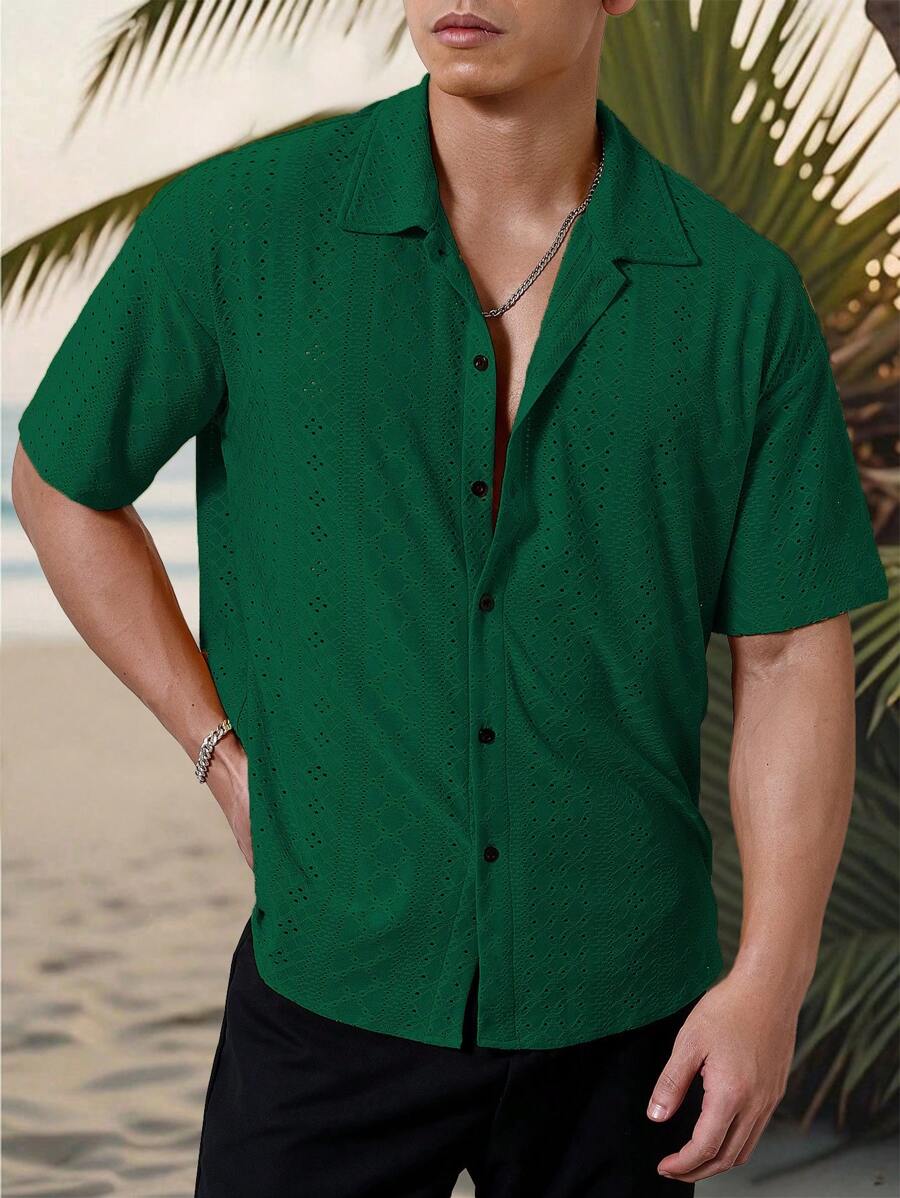 Chemise jacquard texturée au crochet pour homme - Tricot géométrique décontracté