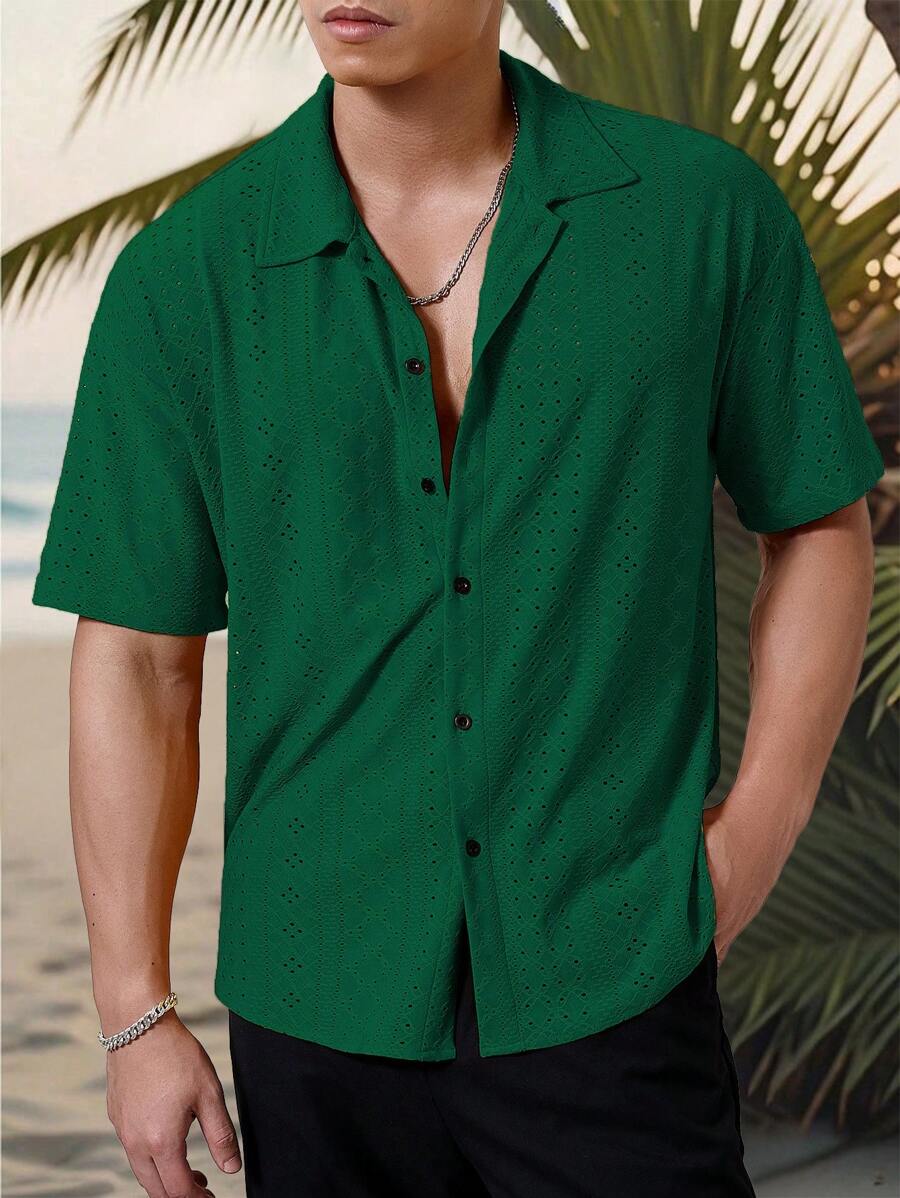 Chemise jacquard texturée au crochet pour homme - Tricot géométrique décontracté