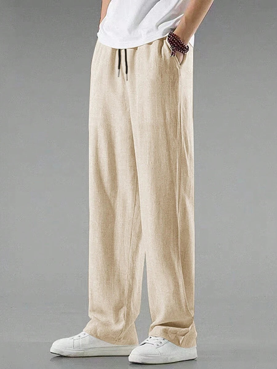 Pantalon de lin avec cordon de serrage pour homme – Pantalon ample coupe droite