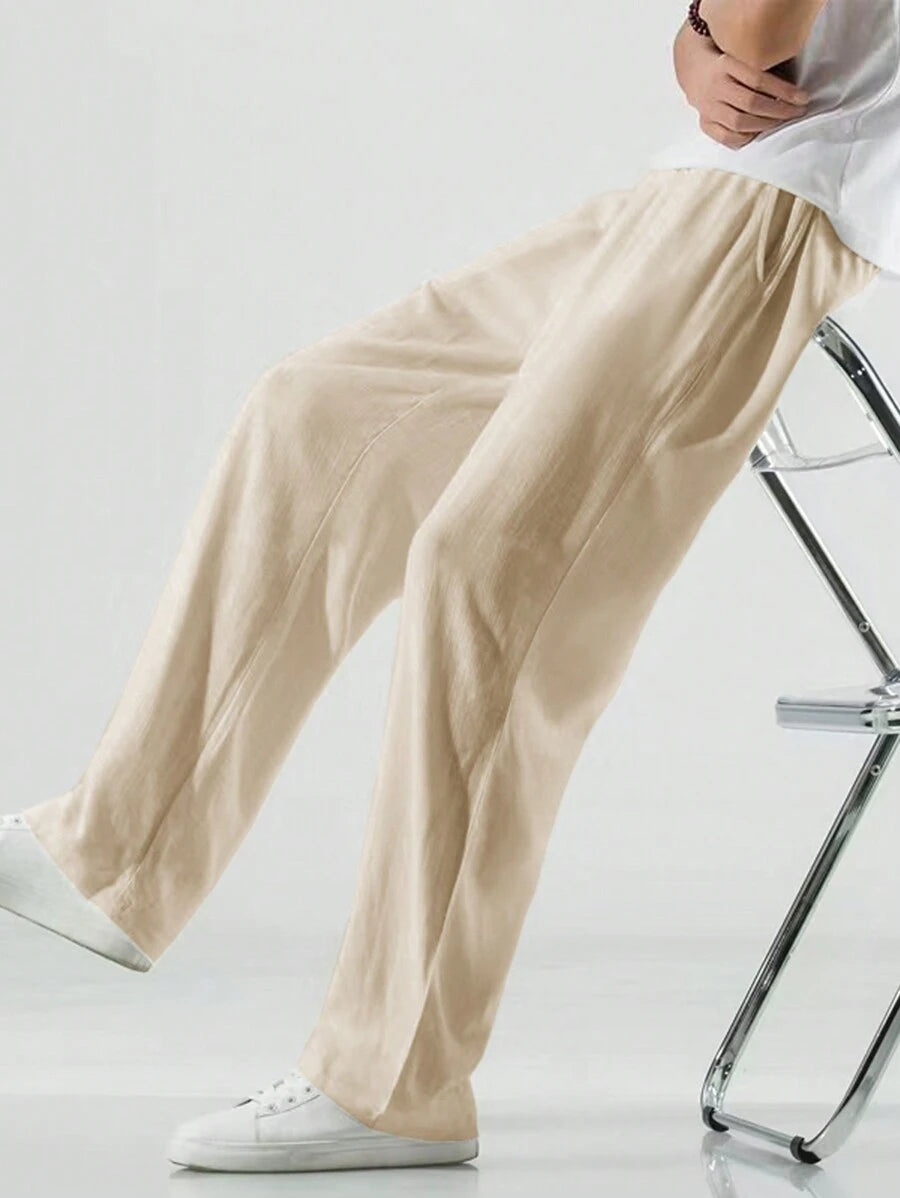 Pantalon de lin avec cordon de serrage pour homme – Pantalon ample coupe droite