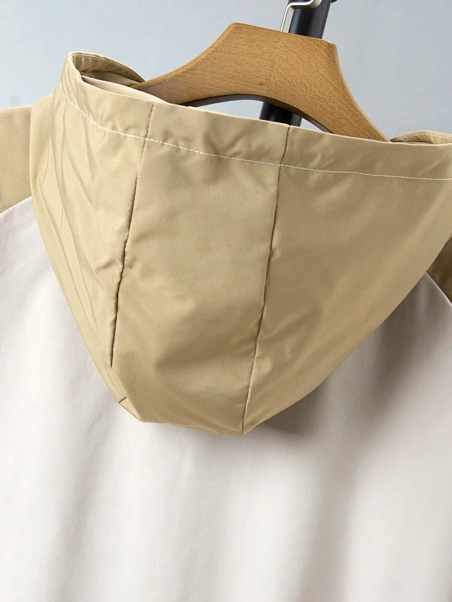 Veste coupe-vent patchwork à capuche grande taille avec fermeture éclair sur le devant