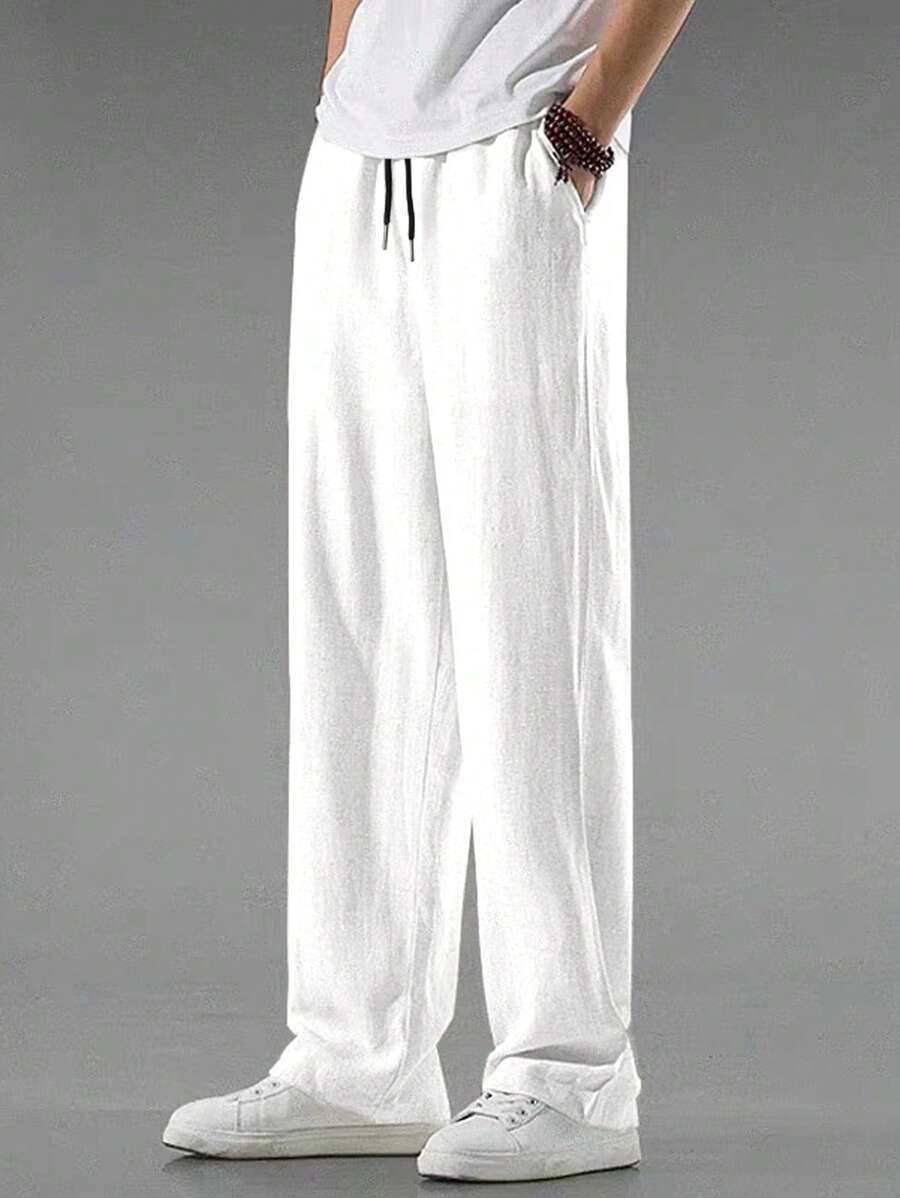 Pantalon de lin avec cordon de serrage pour homme – Pantalon ample coupe droite