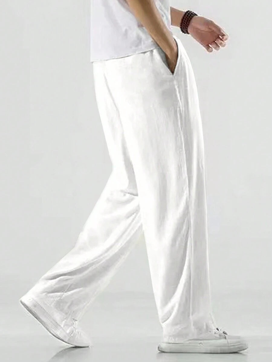 Pantalon de lin avec cordon de serrage pour homme – Pantalon ample coupe droite