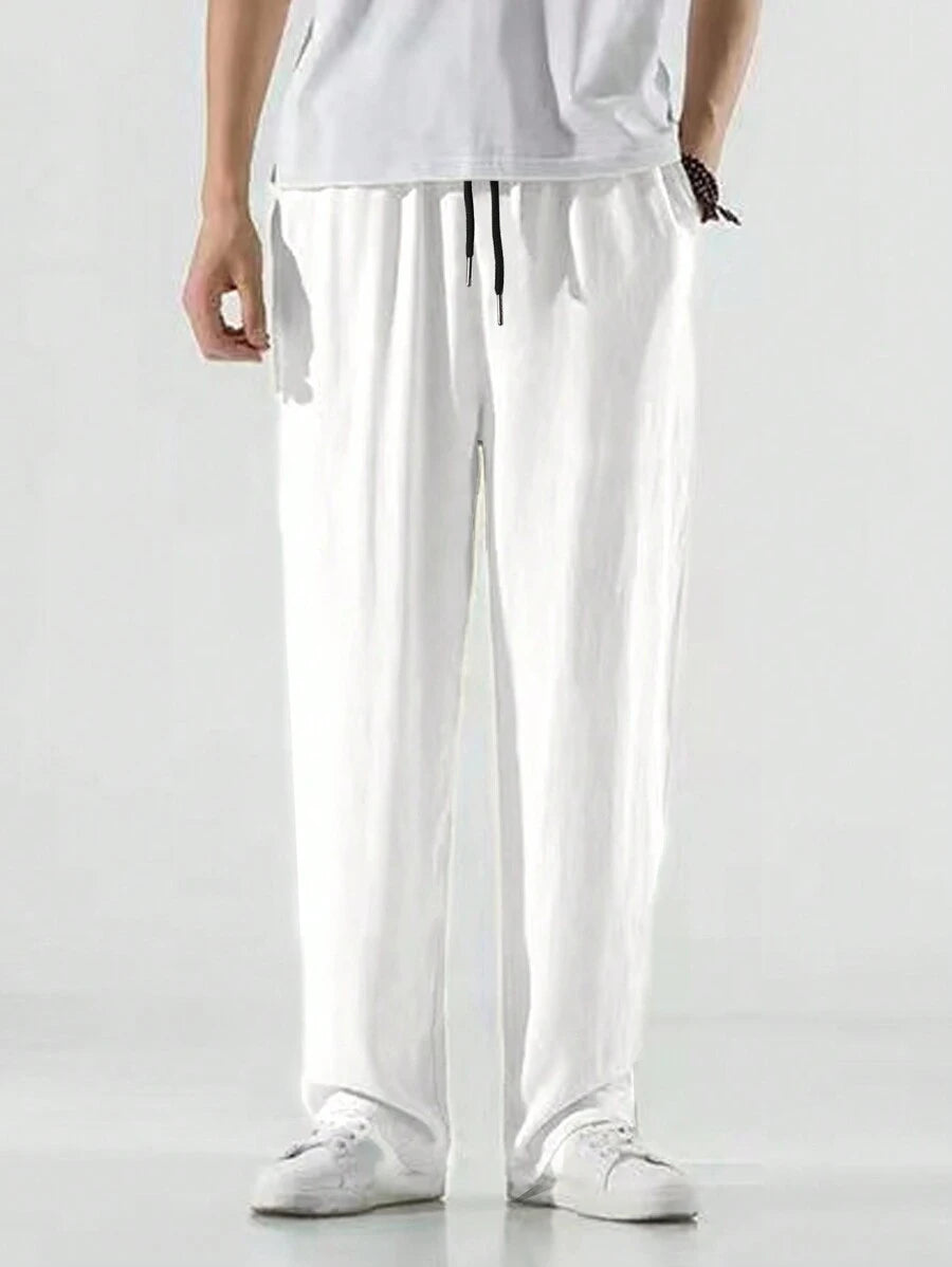 Pantalon de lin avec cordon de serrage pour homme – Pantalon ample coupe droite