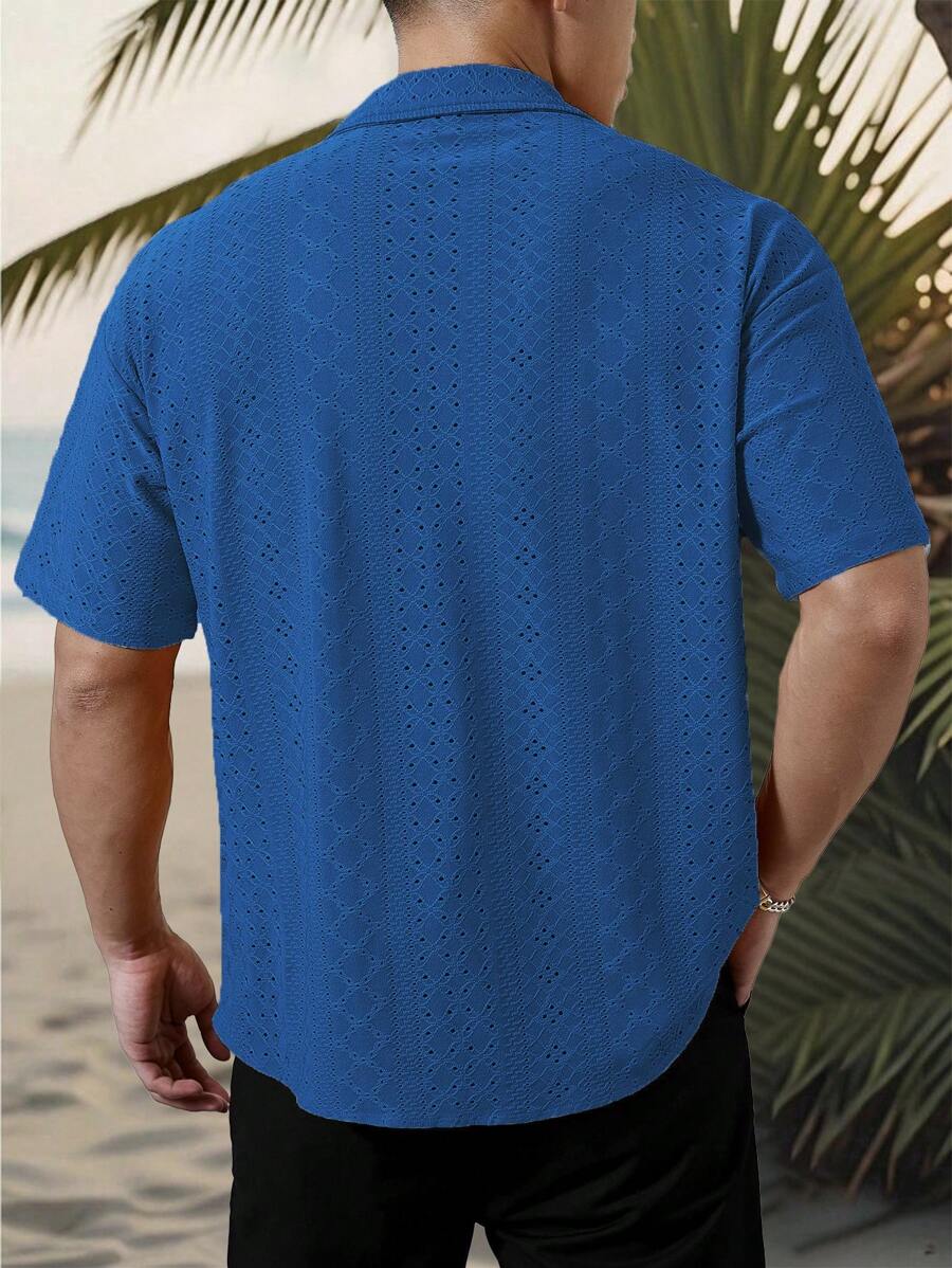 Chemise jacquard texturée au crochet pour homme - Tricot géométrique décontracté
