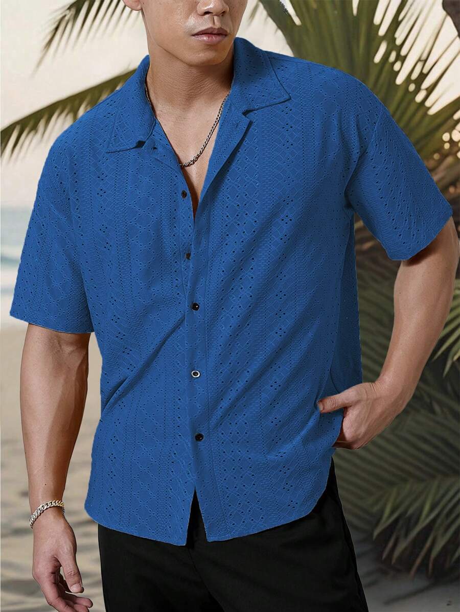 Chemise jacquard texturée au crochet pour homme - Tricot géométrique décontracté