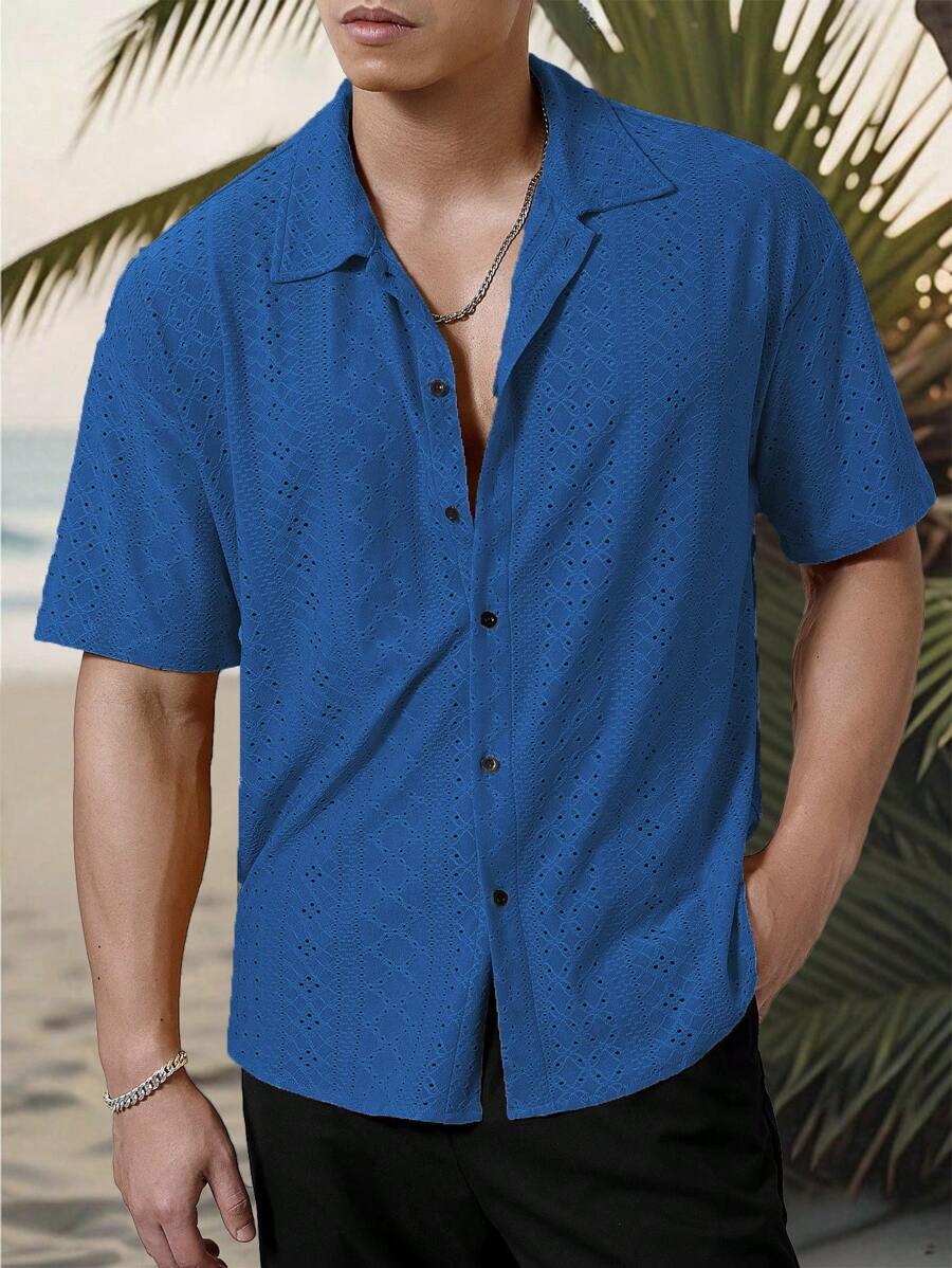Chemise jacquard texturée au crochet pour homme - Tricot géométrique décontracté