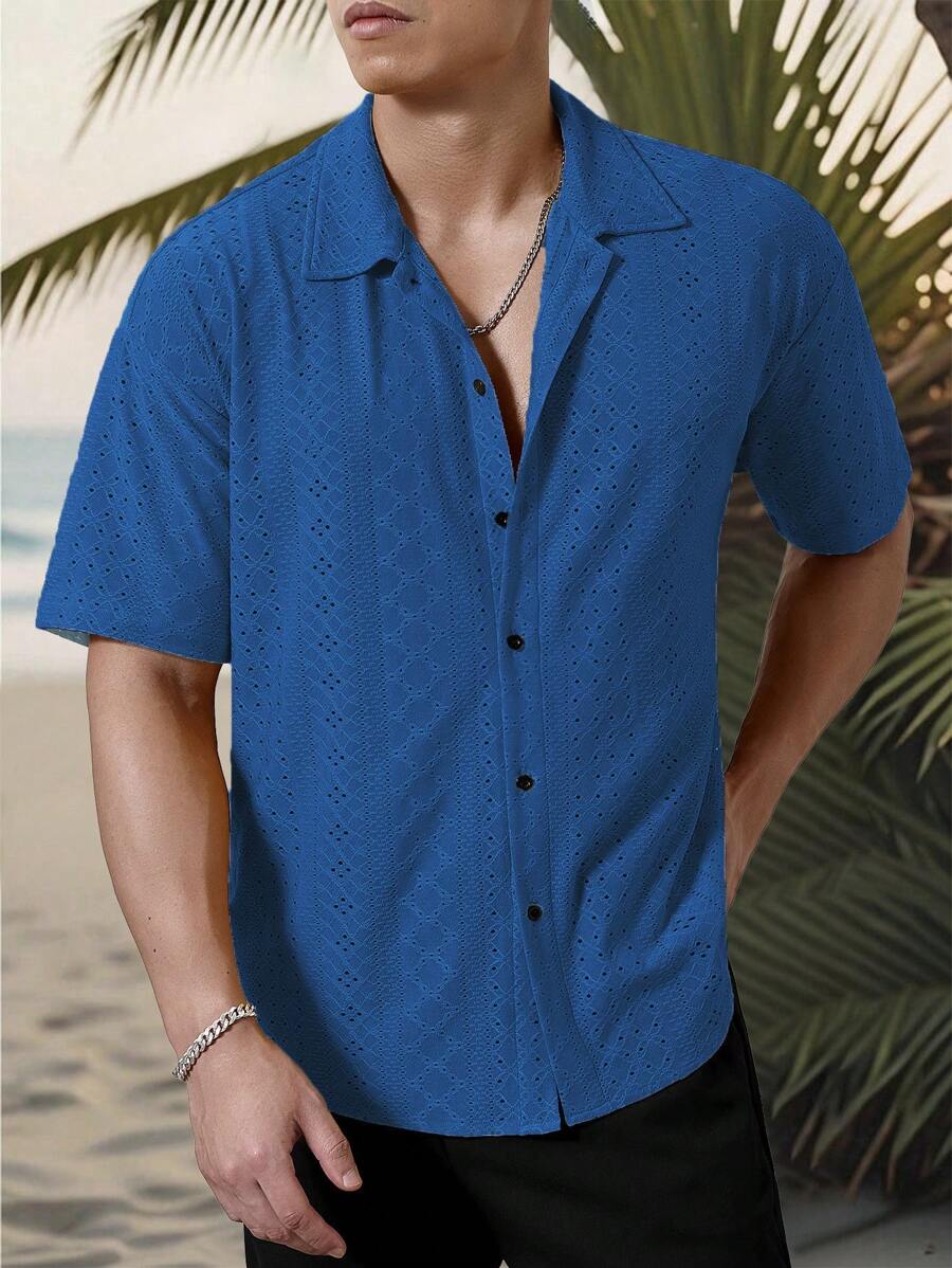 Chemise jacquard texturée au crochet pour homme - Tricot géométrique décontracté