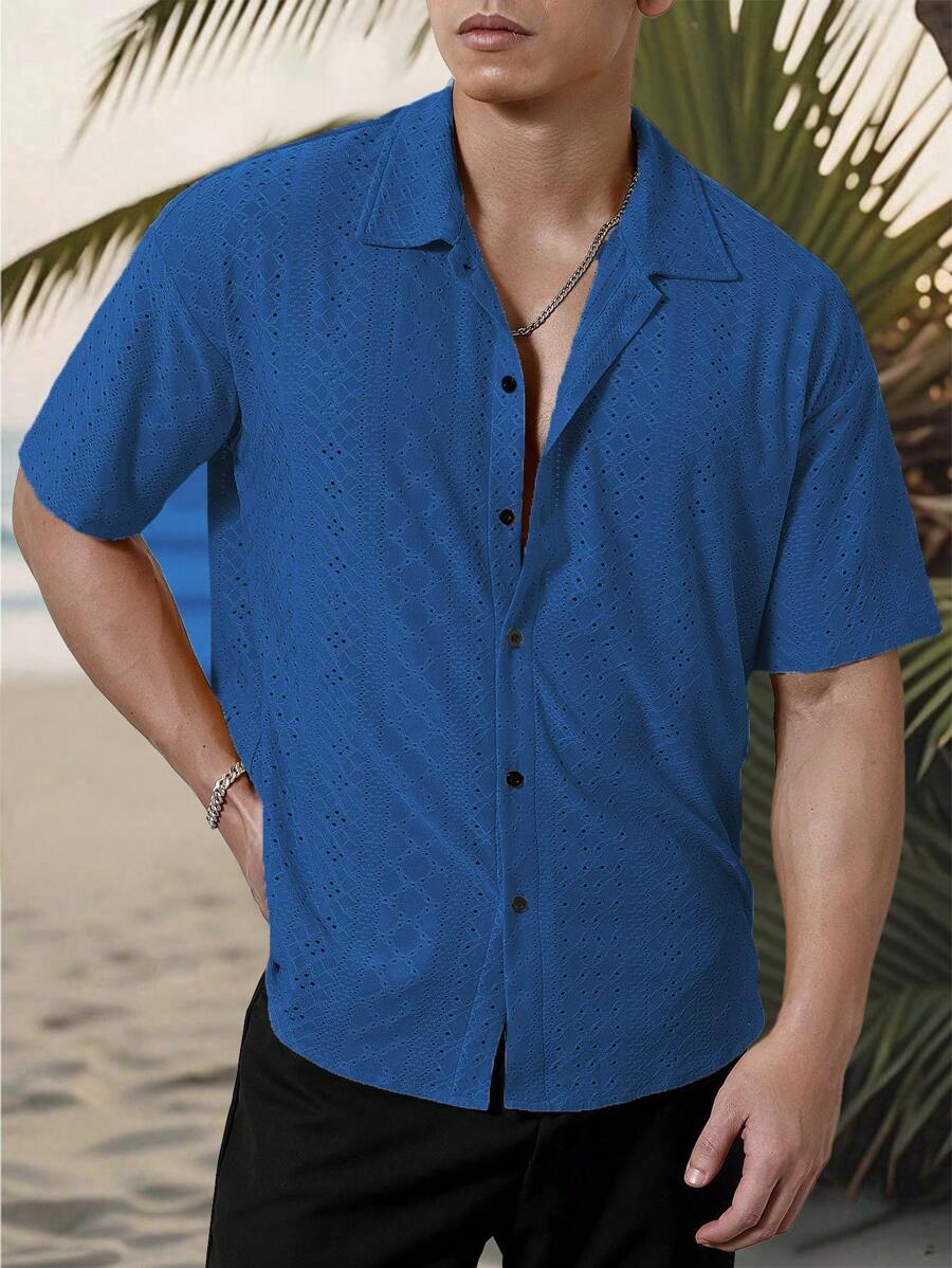Chemise jacquard texturée au crochet pour homme - Tricot géométrique décontracté