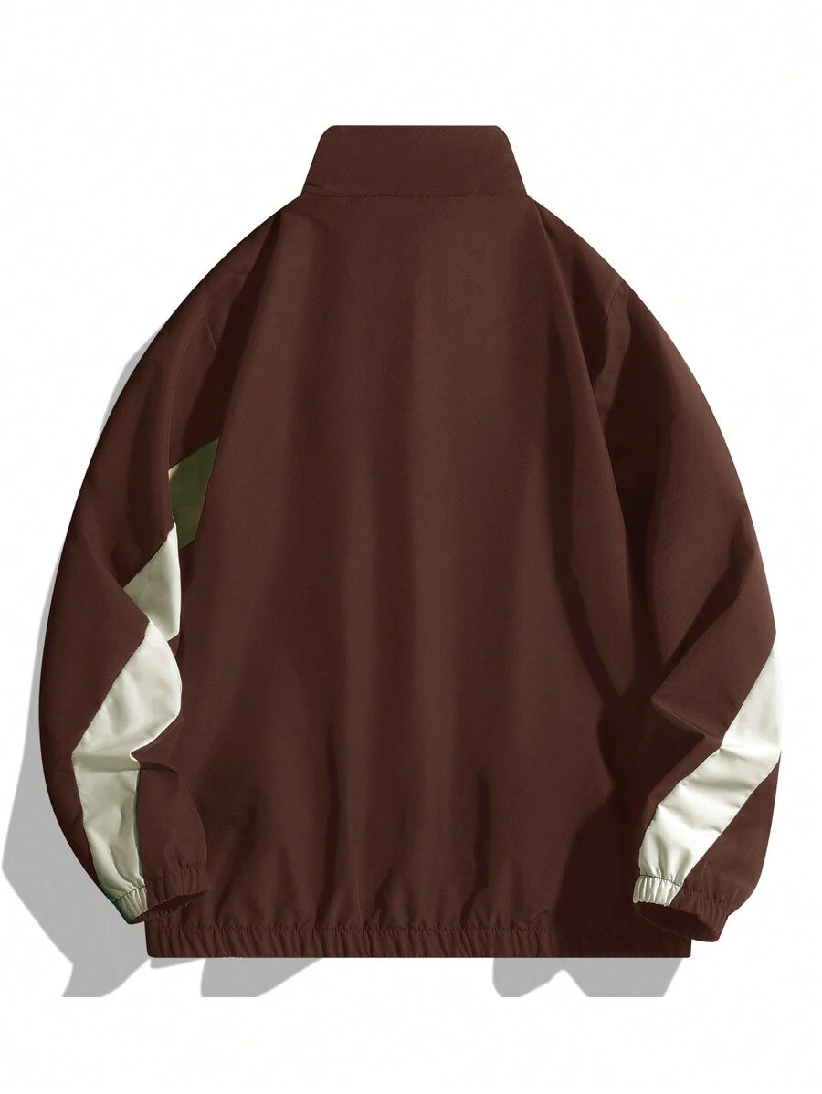 Coupe-vent zippé colorblock avec cordon de serrage et col cheminée