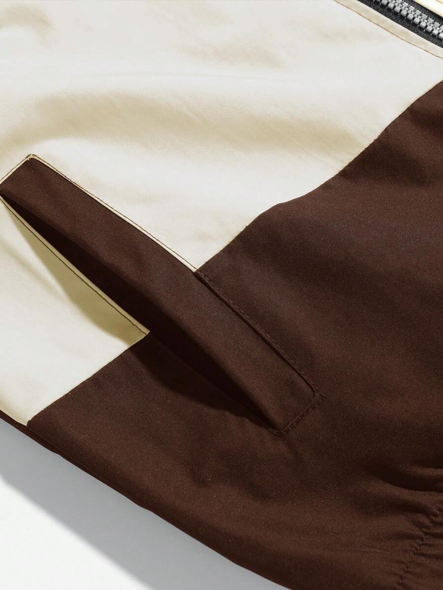 Coupe-vent zippé colorblock avec cordon de serrage et col cheminée