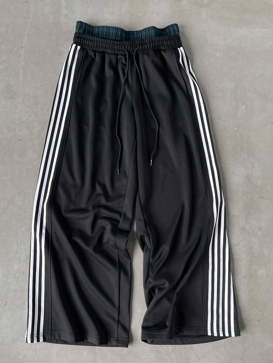Pantalon de survêtement à rayures et jambes larges avec ceinture double épaisseur