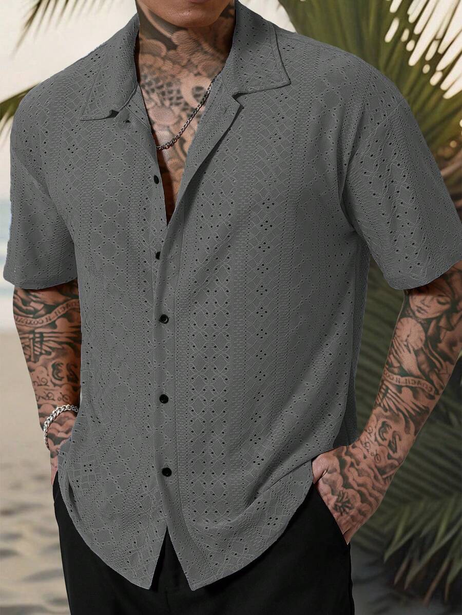 Chemise jacquard texturée au crochet pour homme - Tricot géométrique décontracté