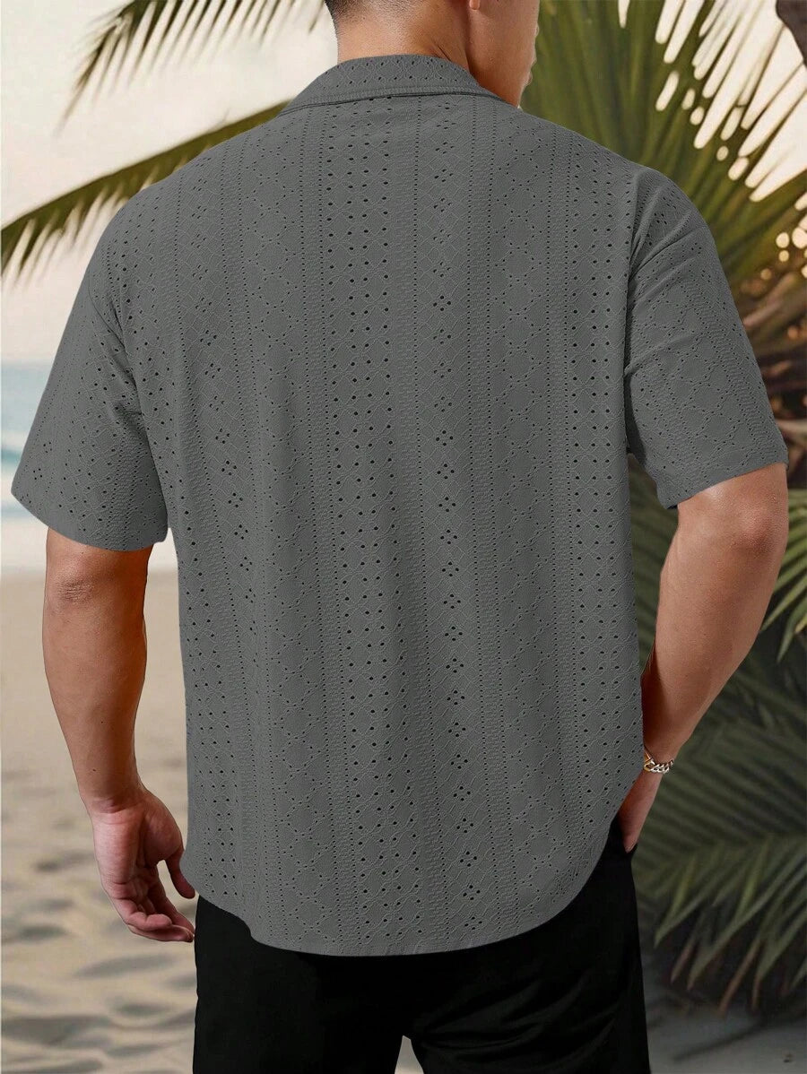 Chemise jacquard texturée au crochet pour homme - Tricot géométrique décontracté