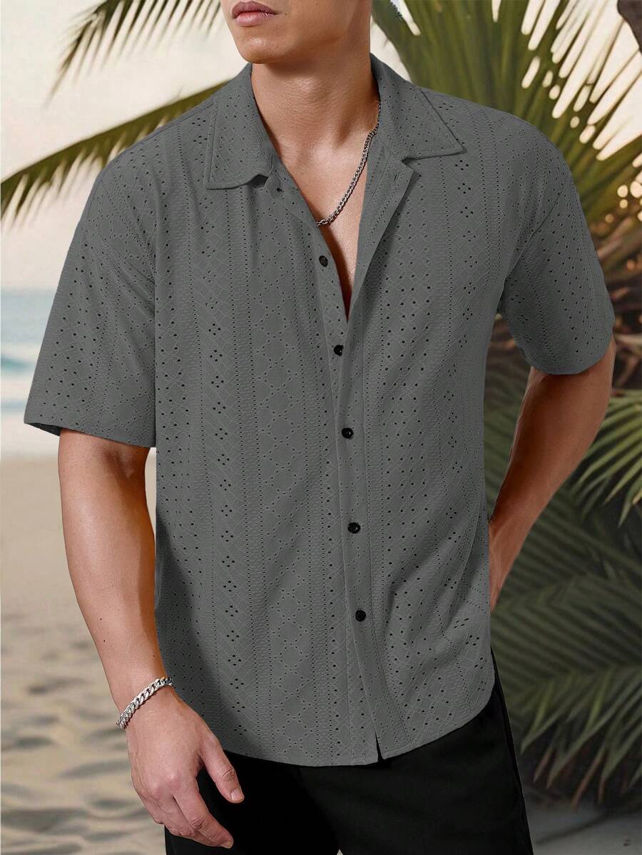 Chemise jacquard texturée au crochet pour homme - Tricot géométrique décontracté
