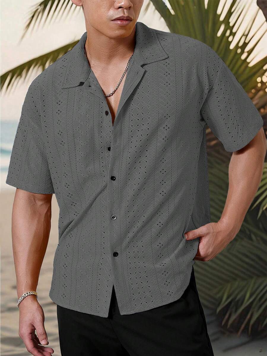 Chemise jacquard texturée au crochet pour homme - Tricot géométrique décontracté