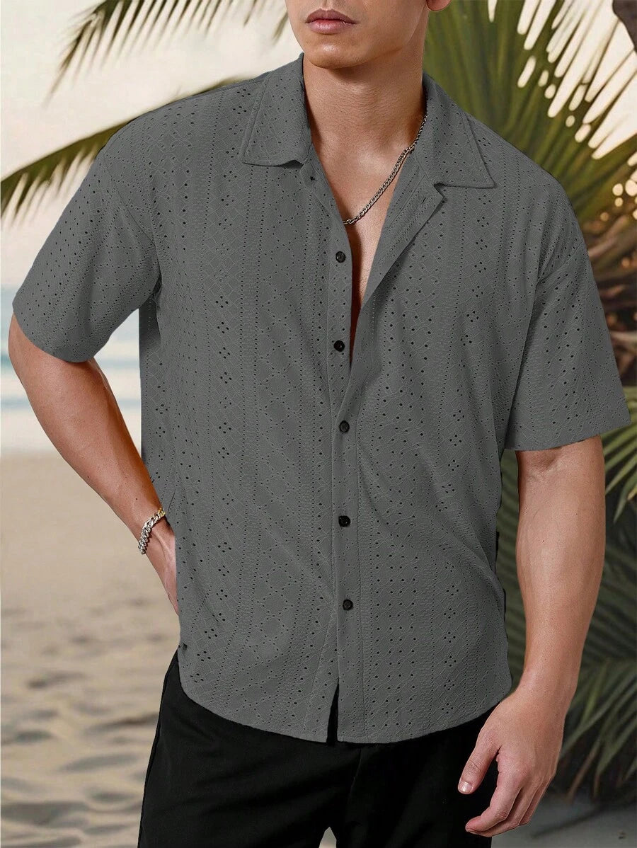 Chemise jacquard texturée au crochet pour homme - Tricot géométrique décontracté
