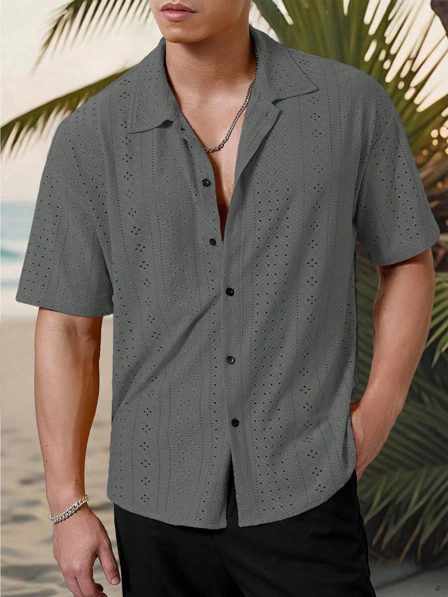 Chemise jacquard texturée au crochet pour homme - Tricot géométrique décontracté