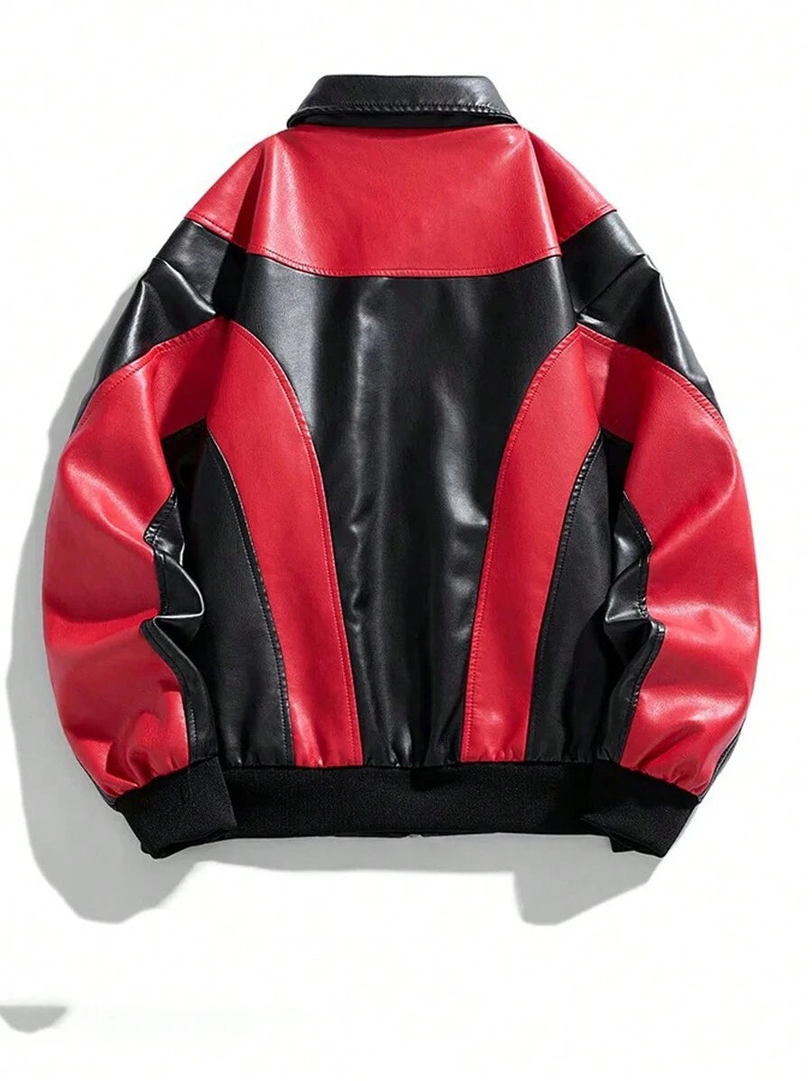 Veste en cuir zippée colorblock - Coupe-vent sport décontracté pour homme