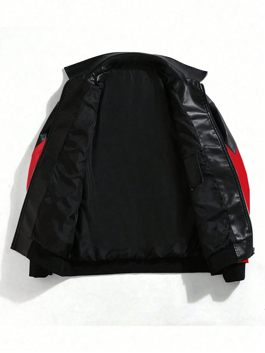 Veste en cuir zippée colorblock - Coupe-vent sport décontracté pour homme