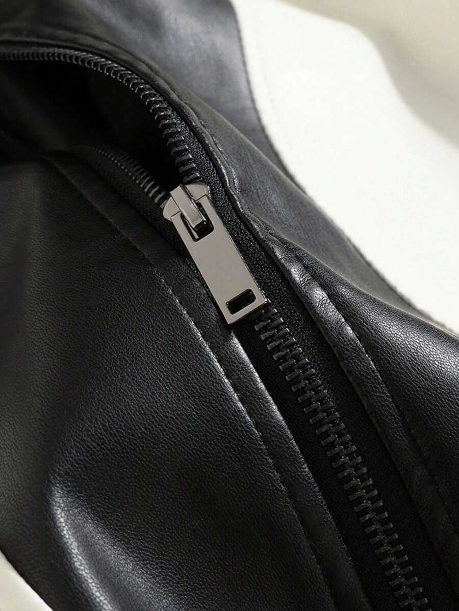 Veste en cuir zippée colorblock - Coupe-vent sport décontracté pour homme