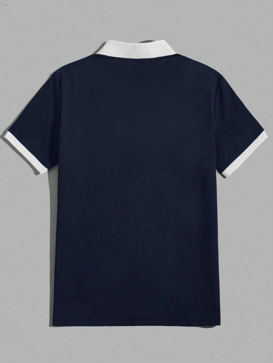 Polo décontracté à manches courtes avec lettres et couleurs contrastées pour homme