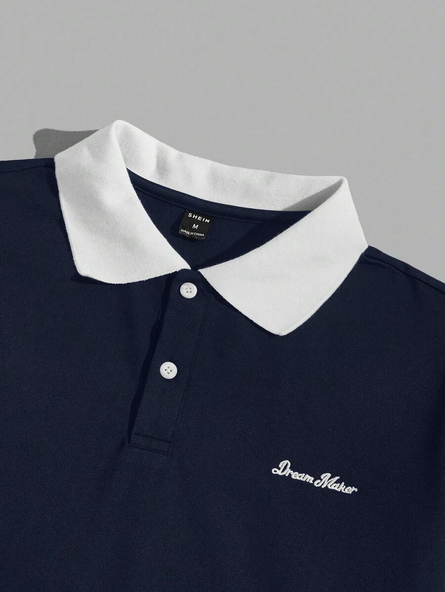 Polo décontracté à manches courtes avec lettres et couleurs contrastées pour homme