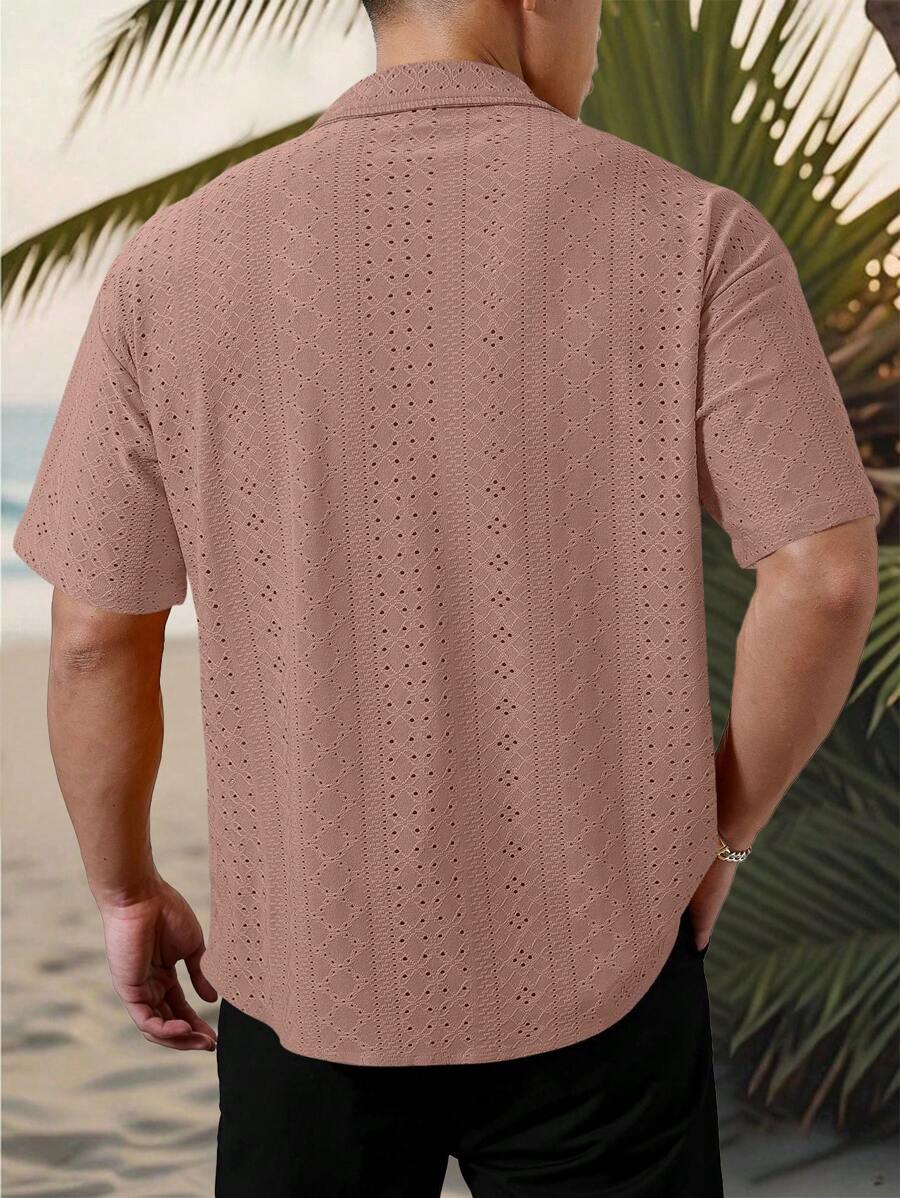 Chemise jacquard texturée au crochet pour homme - Tricot géométrique décontracté