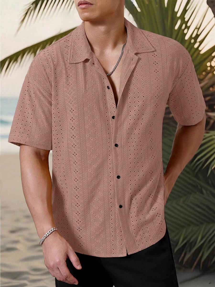Chemise jacquard texturée au crochet pour homme - Tricot géométrique décontracté