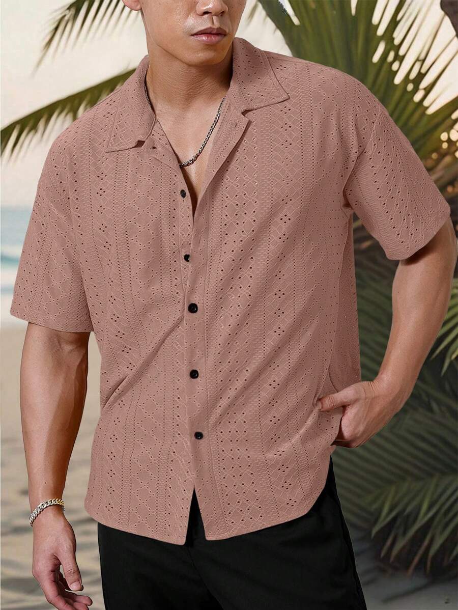 Chemise jacquard texturée au crochet pour homme - Tricot géométrique décontracté