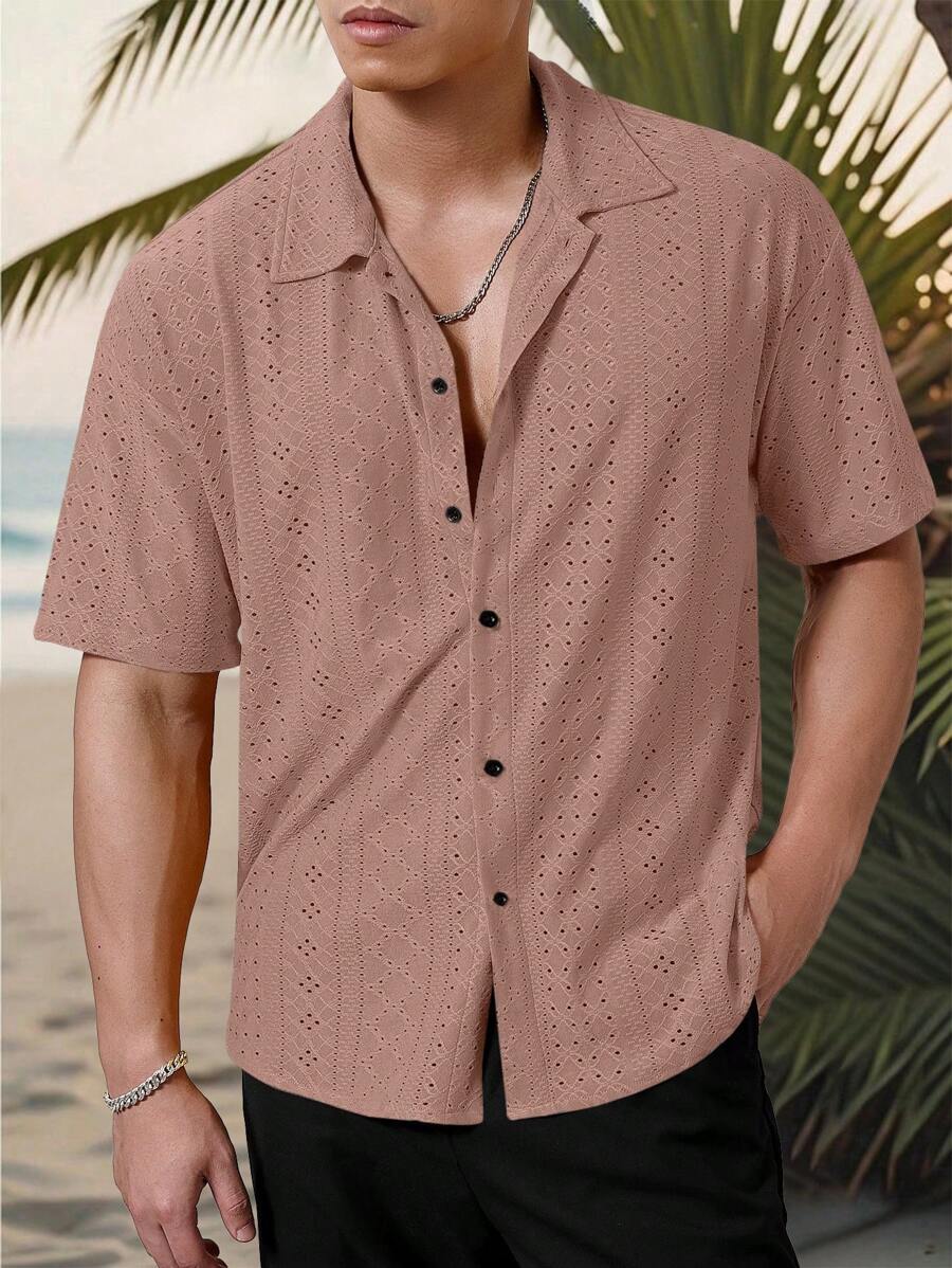 Chemise jacquard texturée au crochet pour homme - Tricot géométrique décontracté