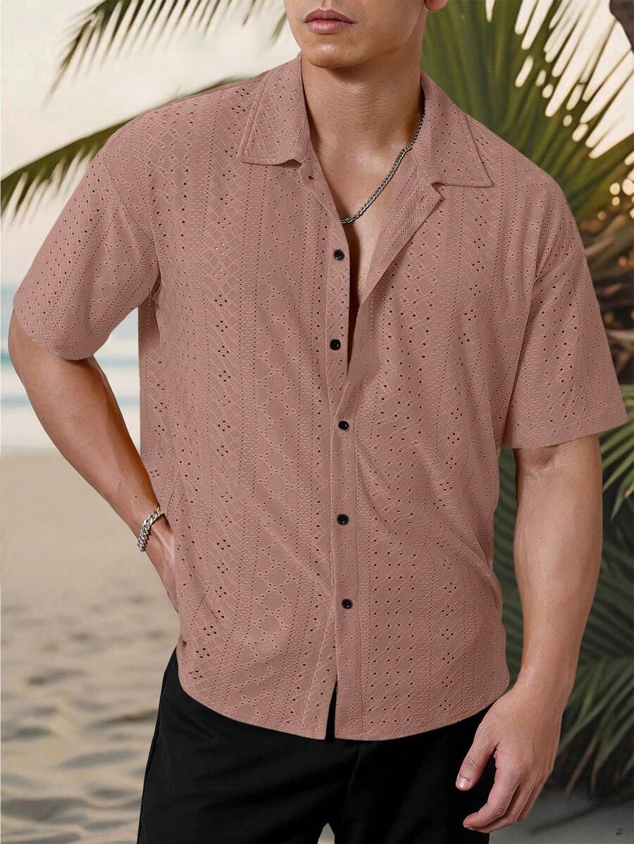 Chemise jacquard texturée au crochet pour homme - Tricot géométrique décontracté