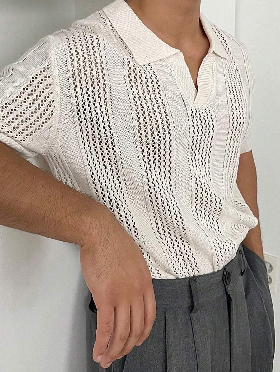 Chemises au crochet homme polo col V tricoté style élégant été