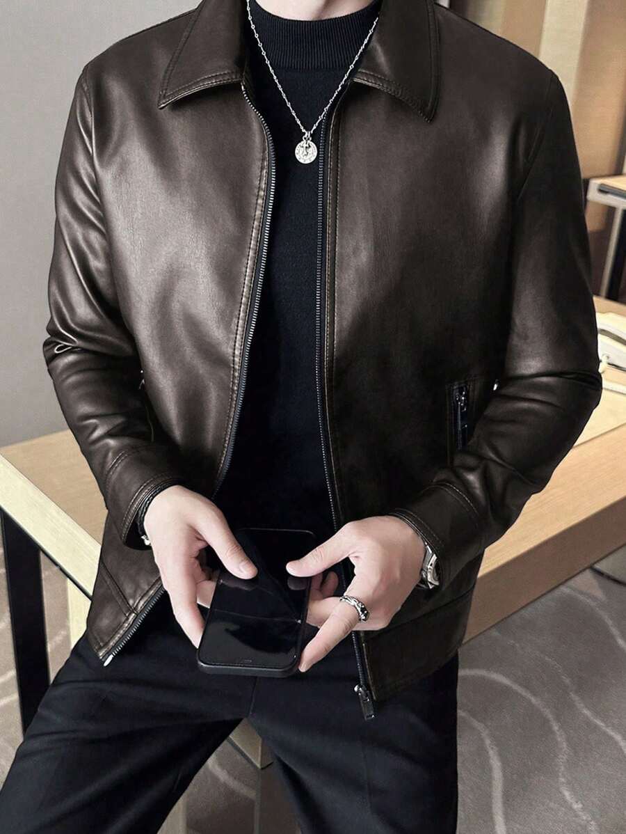 Veste de élégante en cuir synthétique pour homme – Fermeture éclair centrale