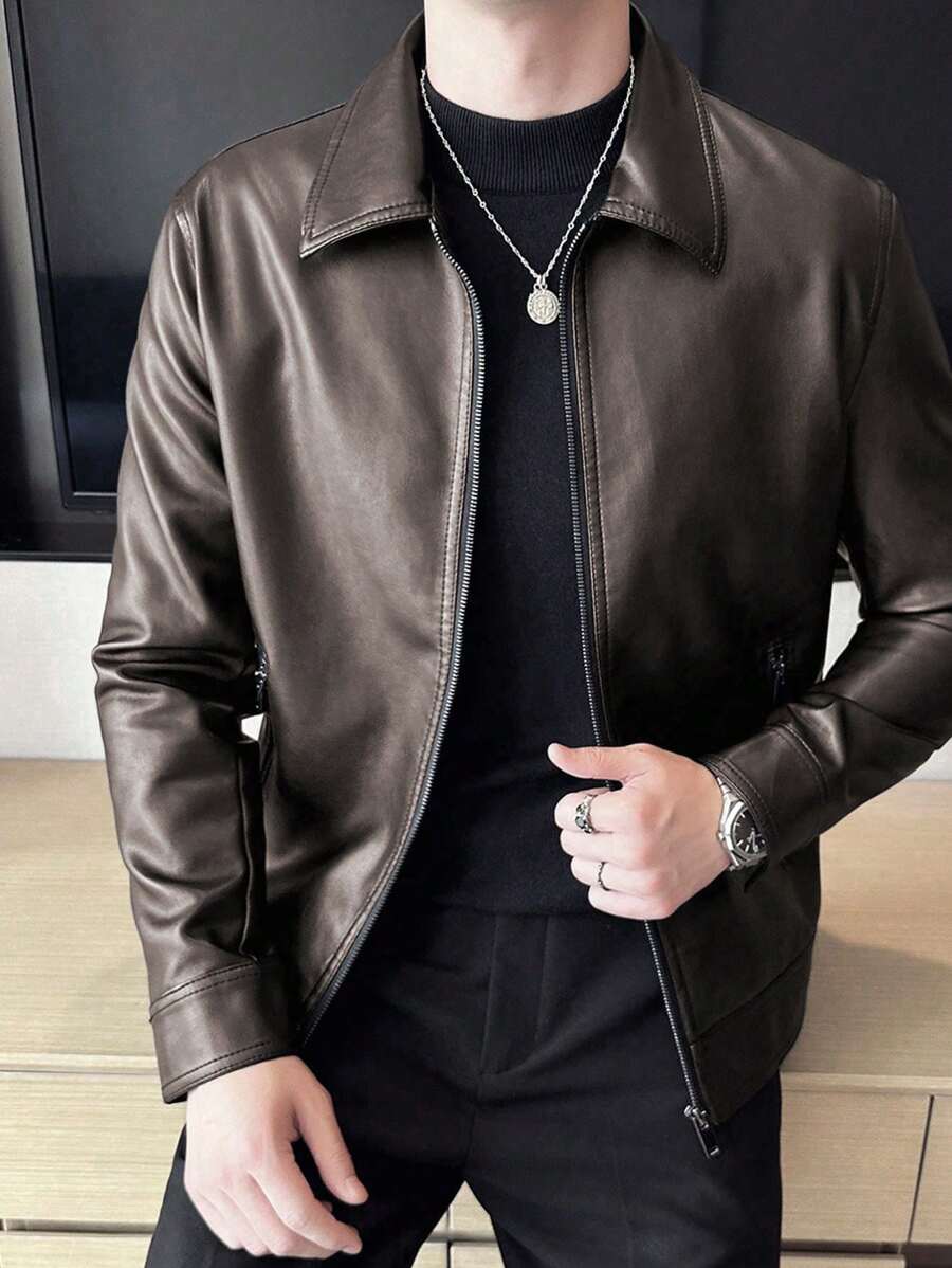 Veste de élégante en cuir synthétique pour homme – Fermeture éclair centrale