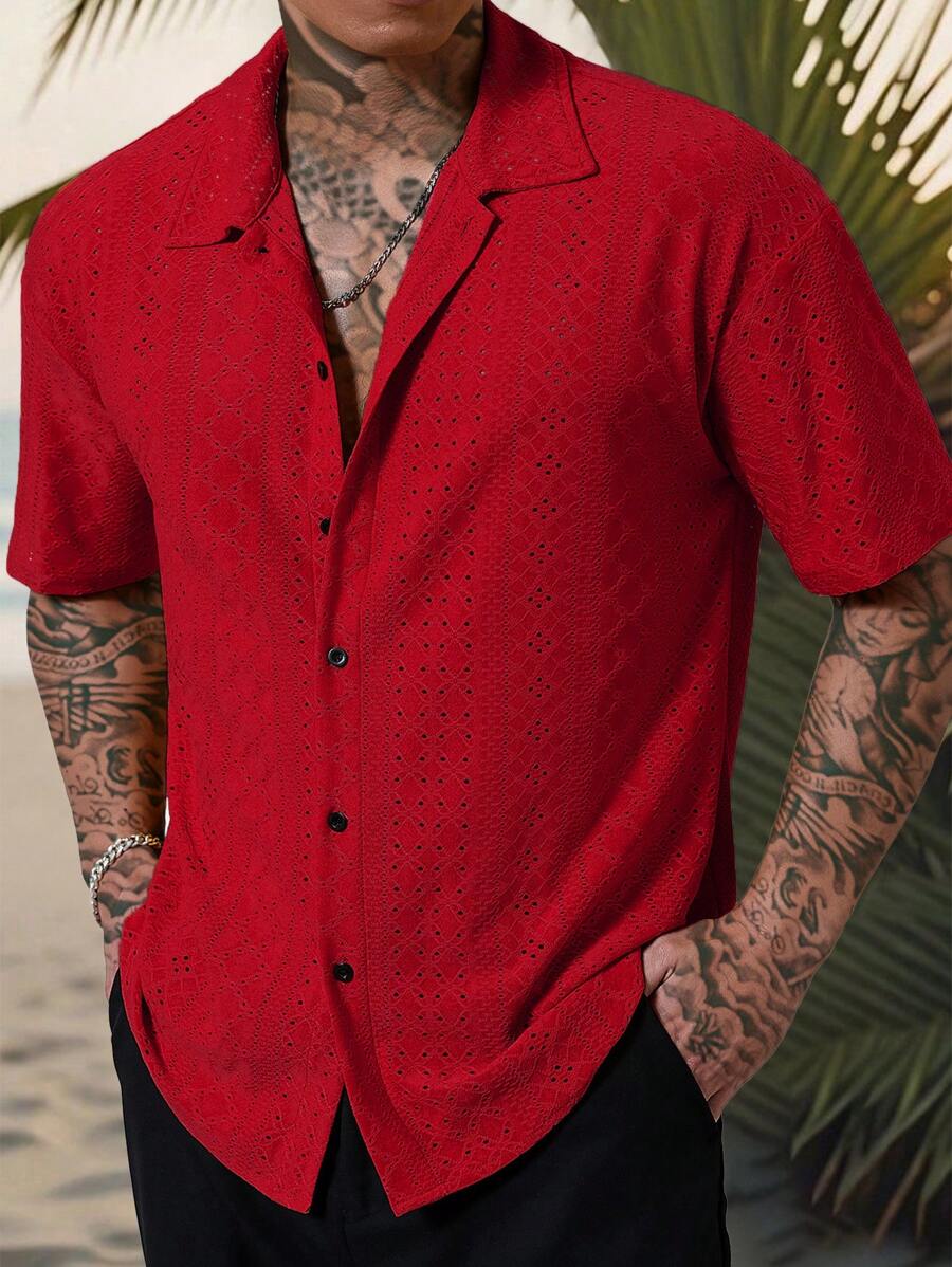 Chemise jacquard texturée au crochet pour homme - Tricot géométrique décontracté