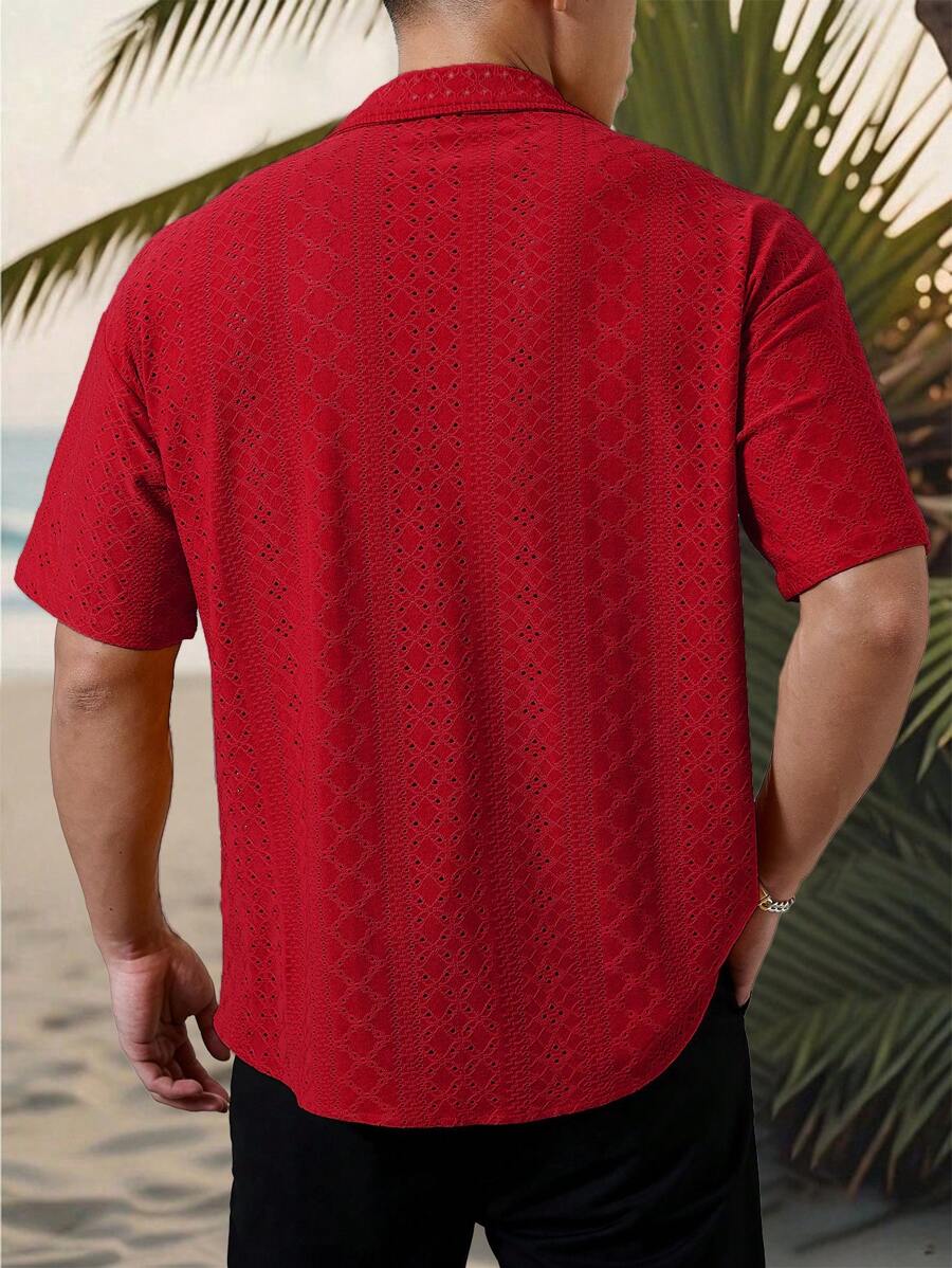 Chemise jacquard texturée au crochet pour homme - Tricot géométrique décontracté