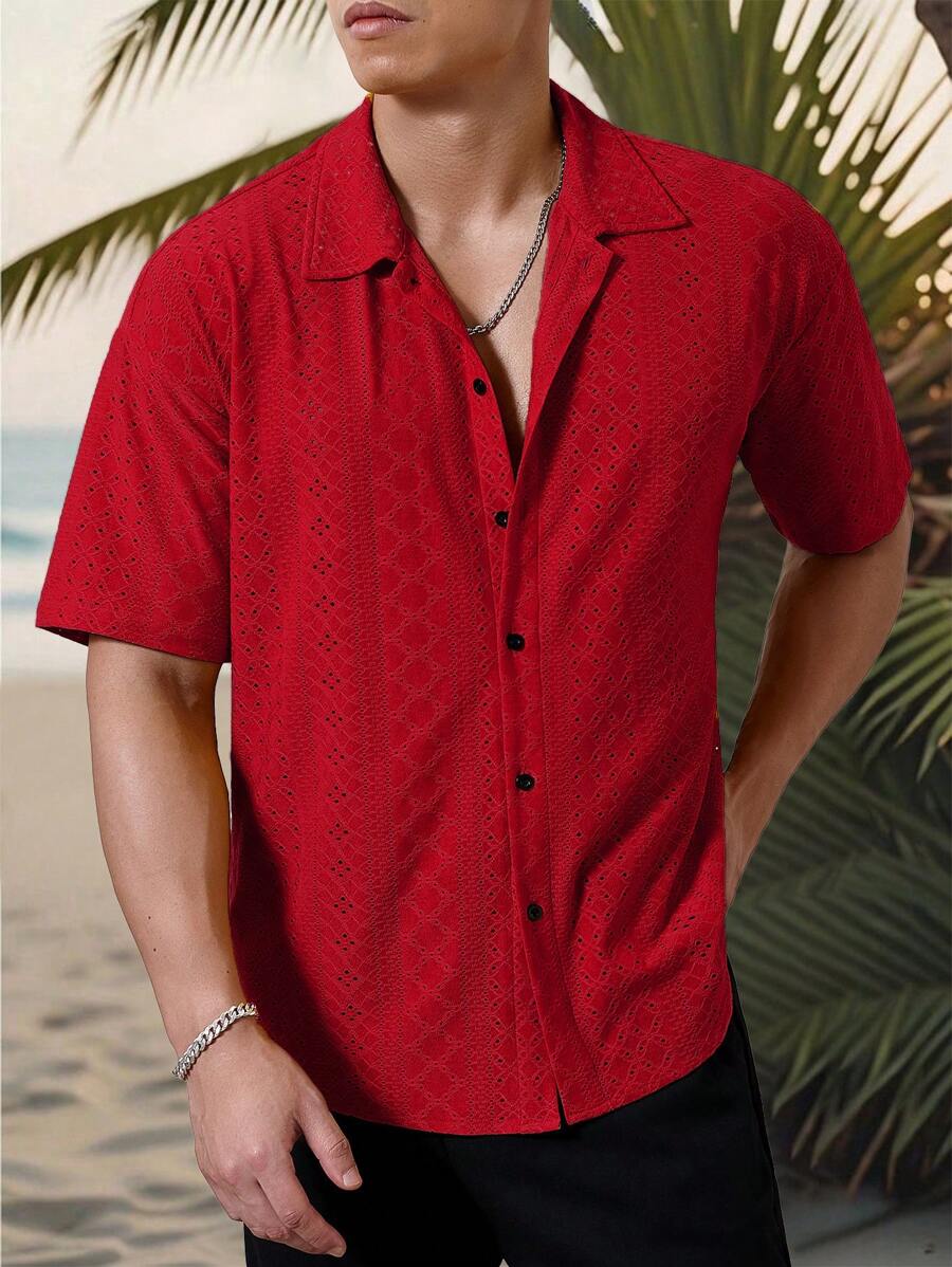 Chemise jacquard texturée au crochet pour homme - Tricot géométrique décontracté